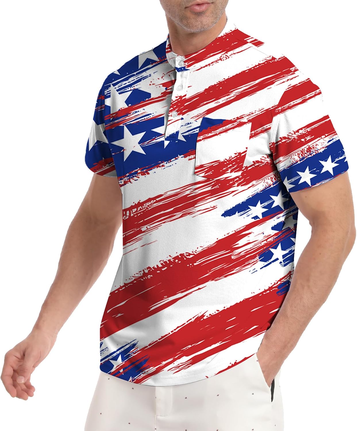 Golf Shirts for Men Printed Henley Shirts Collarless Golf Polo Shirt Short Sleeve with Pocket