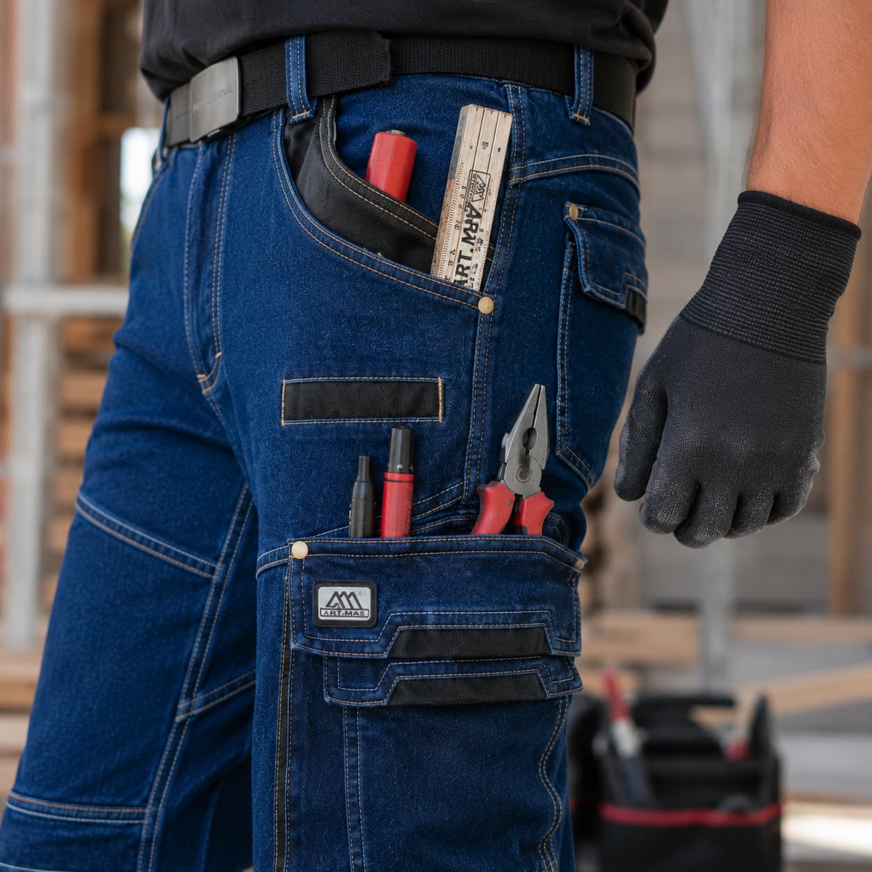 ART.MAS Męskie spodnie robocze COLEMANN Jeans Stretch dżinsy robocze z kieszeniami na kolanach, 11 kieszeni i elementami odblaskowymi – wytrzymałe spodnie robocze z bawełny