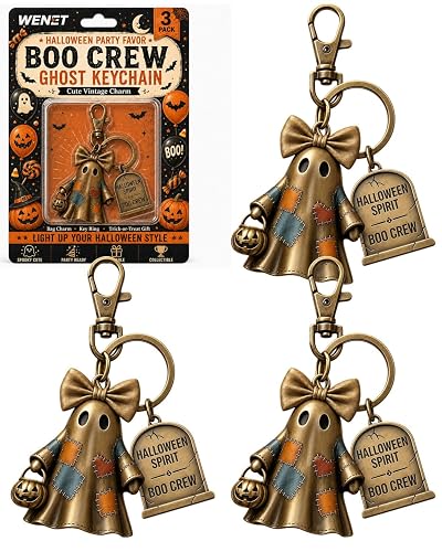 Halloween Spirit Boo Crew Ghost Keychain | Vintage Patchwork Ghost
