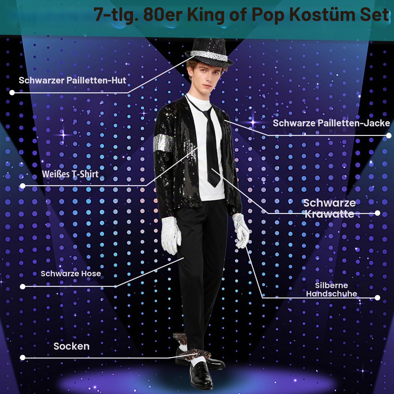 Erwachsenenkostüm King of Pop, 80er Jahre Tänzerin Rocker Star Cosplay Verkleidung Kostüm Zubehör mit Jazz Pailletten Hut Jacke Top Hose Handschuhe Socke Krawatte King of Pop für Halloween Karneval 80