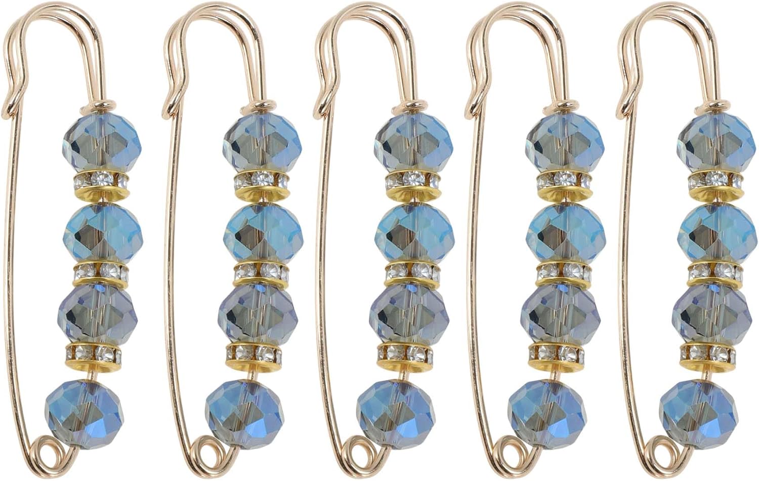 Decorative Safety Pins, Colorful Rhinestone Metal Pins, Brooch Bulk for Shirt Hijab Hat Sweater Cardigan Bag, 5cm, Blue, 5Pcs