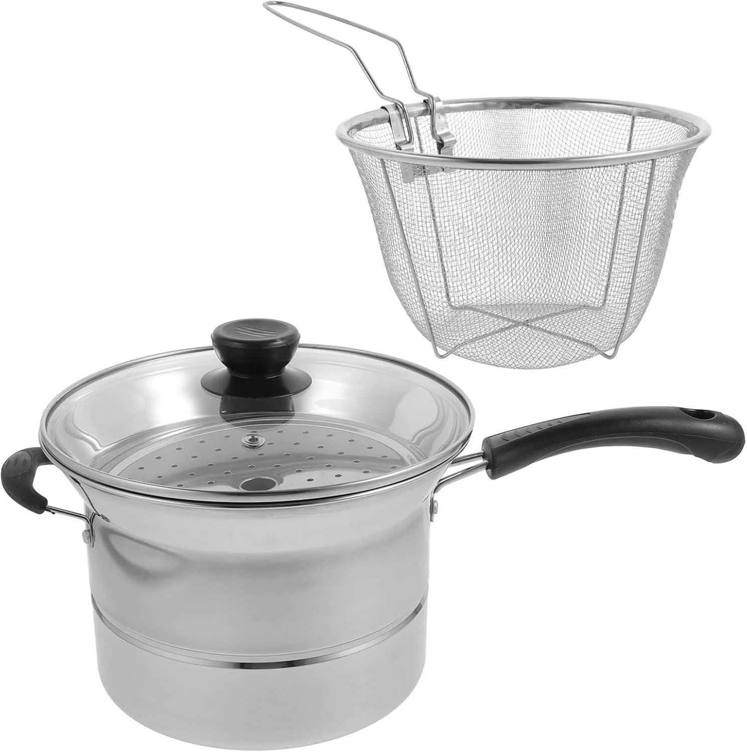 VICASKY 1Set Stainless Steel Multi Purpose Frying Pot Pasta Strainer Soup Saucepan with Scald Handle Portable Deep Fryer for Quick Cooking Easy Serving Versatile Kitchen