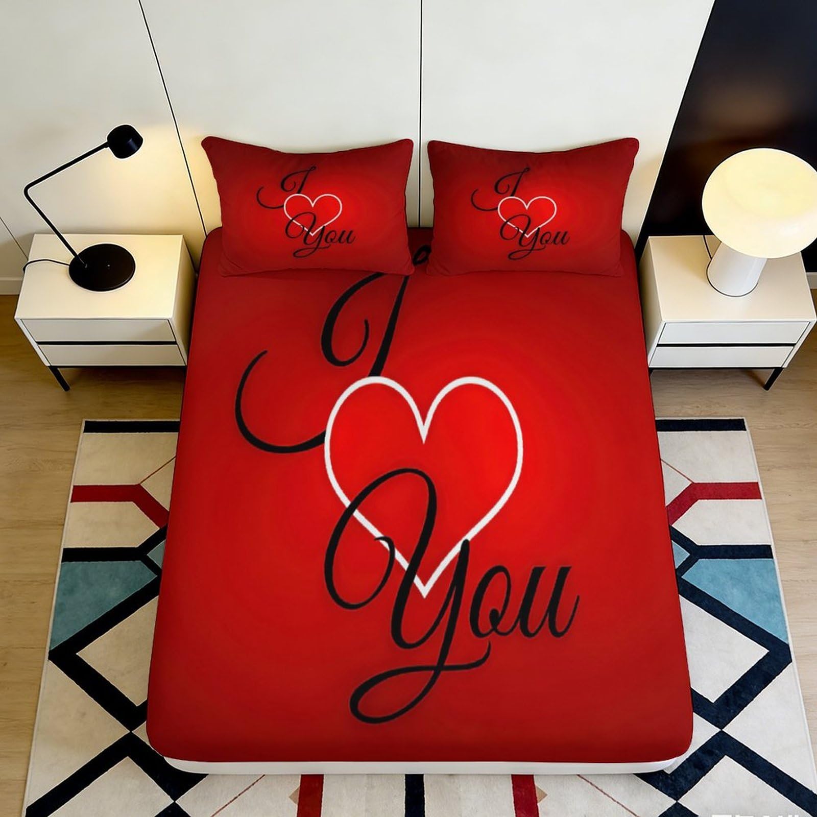 3D Printed Red Heart Love Fitted Sheet Microfiber Soft Valentine Letter Bed Cover for Bedroom Dorm Mattress Decor 120x200cm 160x200x25cm
