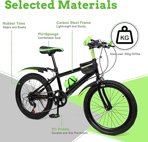 Miniatura 6 de Bicicleta de montaña para niños de 20 pulgadas, 7 velocidades, color verde, marco de bicicleta urbana y freno de seguridad de doble disco,
