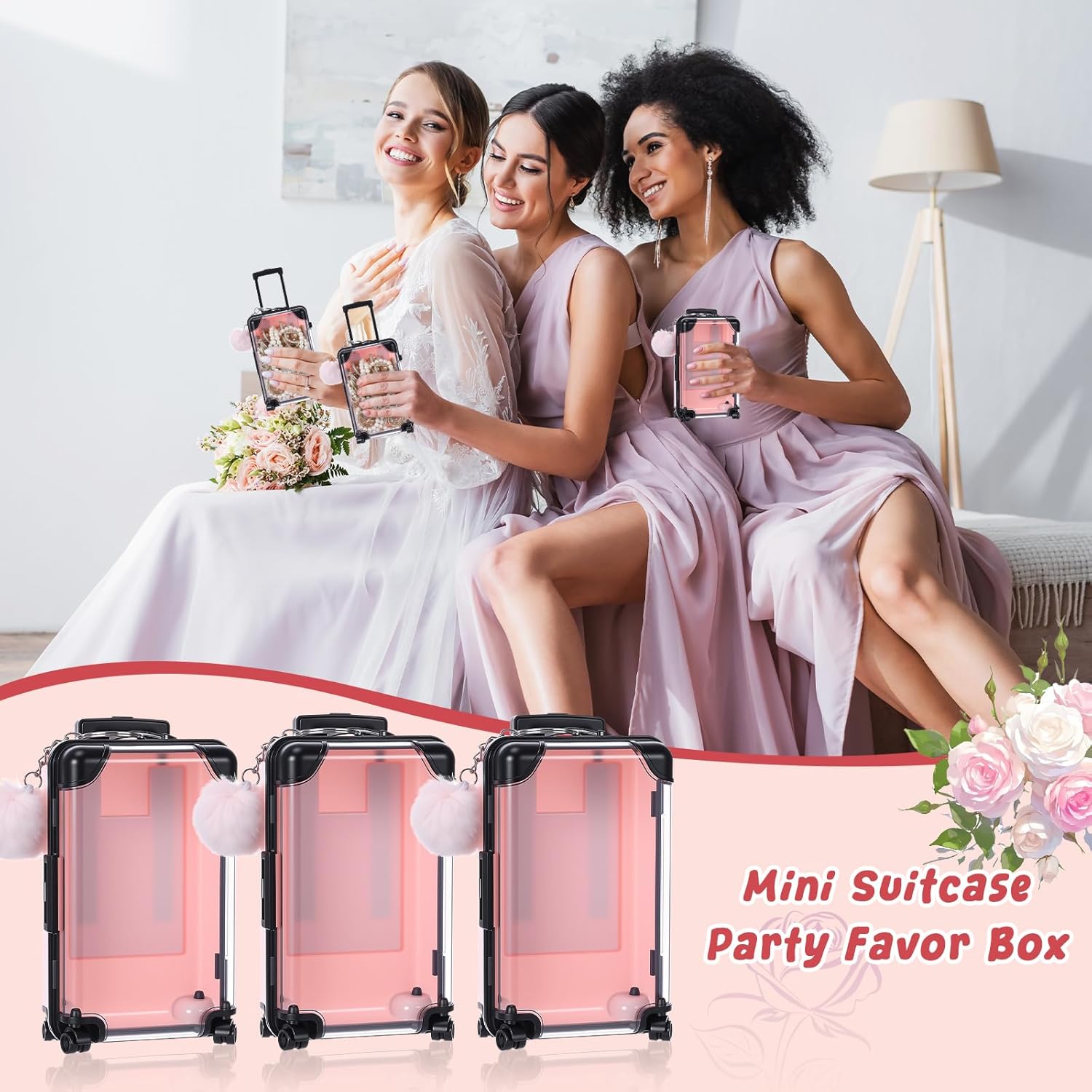 Gejoy 16 Pcs Mini Suitcase Party Favor Box with Plush Ball Keychains 7.48 x 3.15 x 1.97 Inches Empty Luggage Storage Box Clear Candy Packaging Containers for Baby Shower Travel Wedding (Pink)