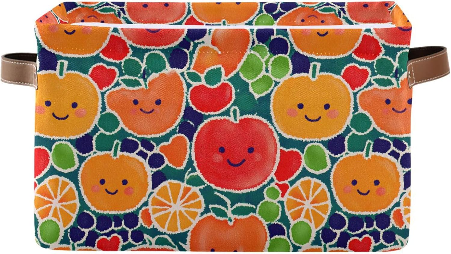 Foldable Storage Basket with Handles Smiling Fruits Pattern Fabric Kitchen Baskets Open Home Storage Bins Boxes Organizer Bag for Baby Cloth Pet Toy Book Shelf Closet Baskets 2 Pcs