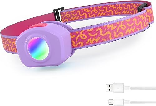 EverBrite Linterna frontal LED recargable para niños con modo RGB y diadema ajustable, 3 modos multicolor para niños, lámpara de cabeza para niños,