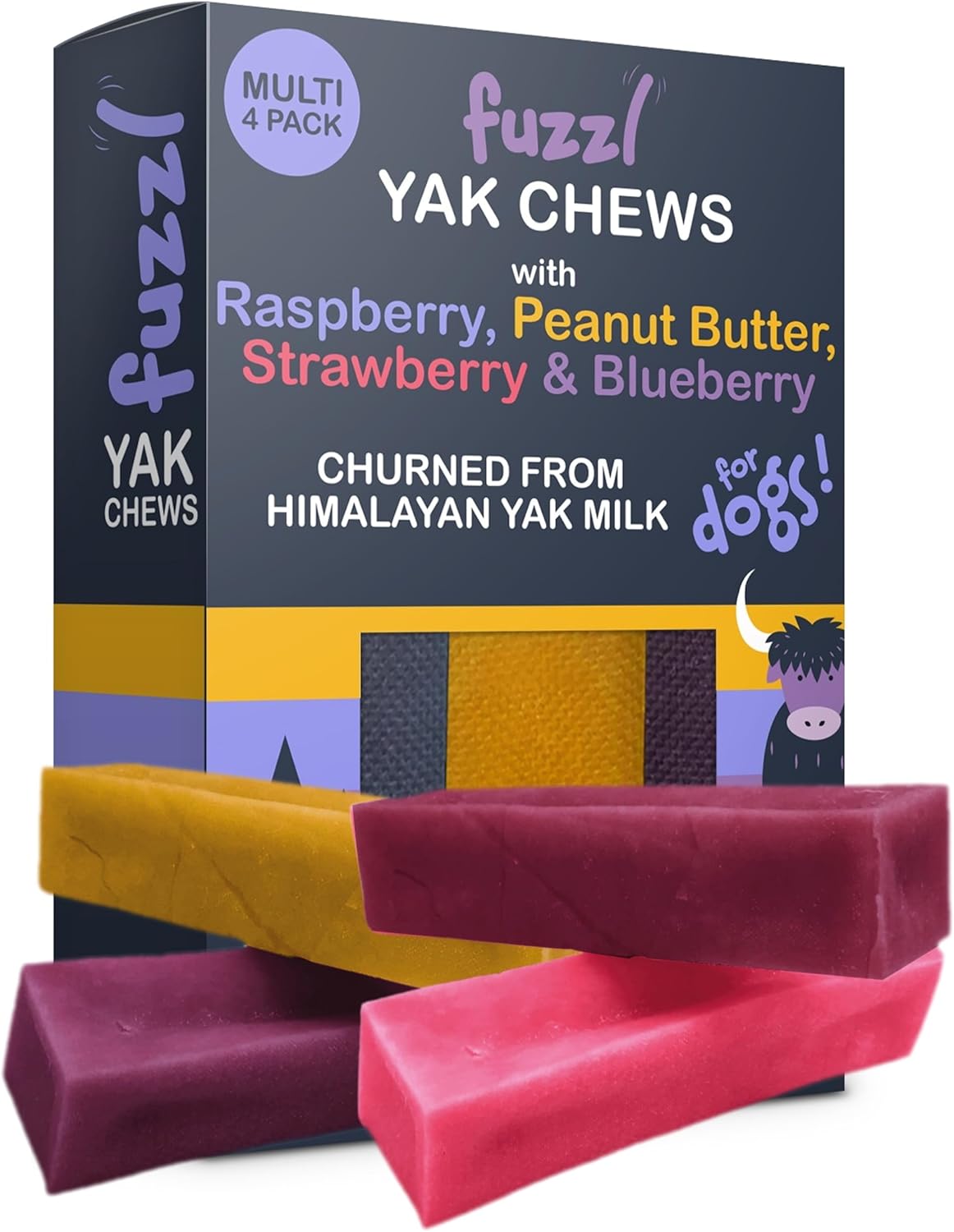 Fuzzl Raspberry, Peanut Butter, Strawberry & Blueberry Himalayan Yak Cheese for Dogs Box 4, 300g Premium Natural Dog Treats | Yak Chews for Dogs Dental Chews