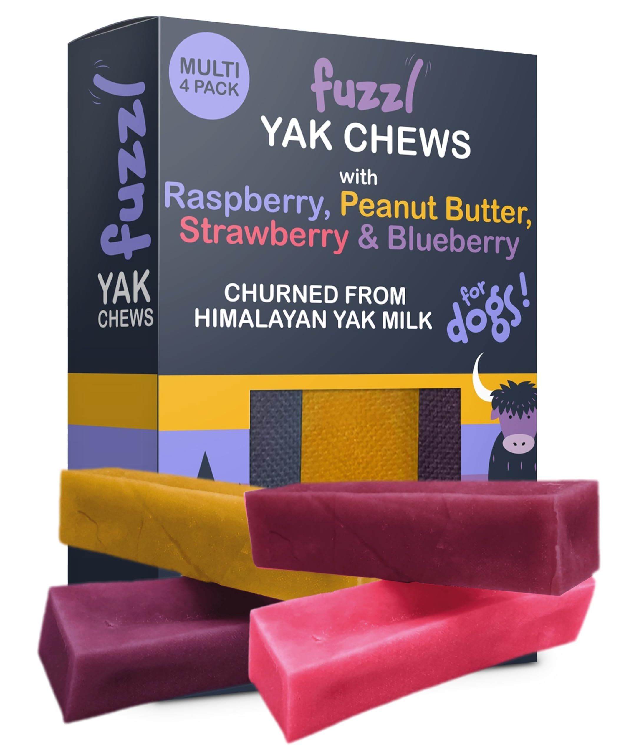 Fuzzl Raspberry, Peanut Butter, Strawberry &amp; Blueberry Himalayan Yak Cheese for Dogs Box 4, 300g Premium Natural Dog Treats | Yak Chews for Dogs Dental Chews