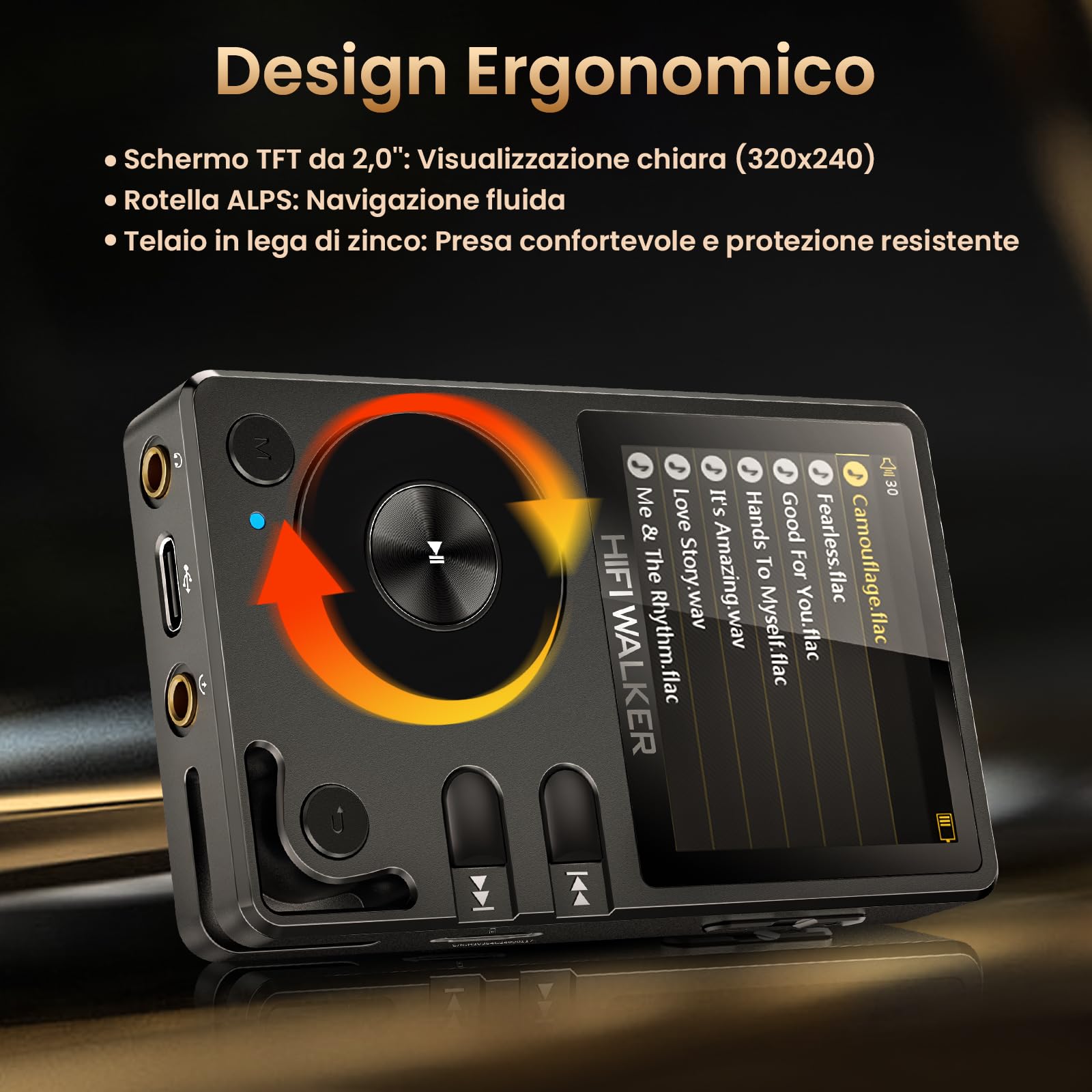 HIFI WALKER H2 Lettore MP3 Hi-Fi, Player Musicale Lossless con SD 64GB Inclusa, DAC ES9018K2M, Bluetooth 5.2 Bidirezionale, Schermo 2.0" con Tasti Fisici, Supporto DSD128, Lega di Zinco