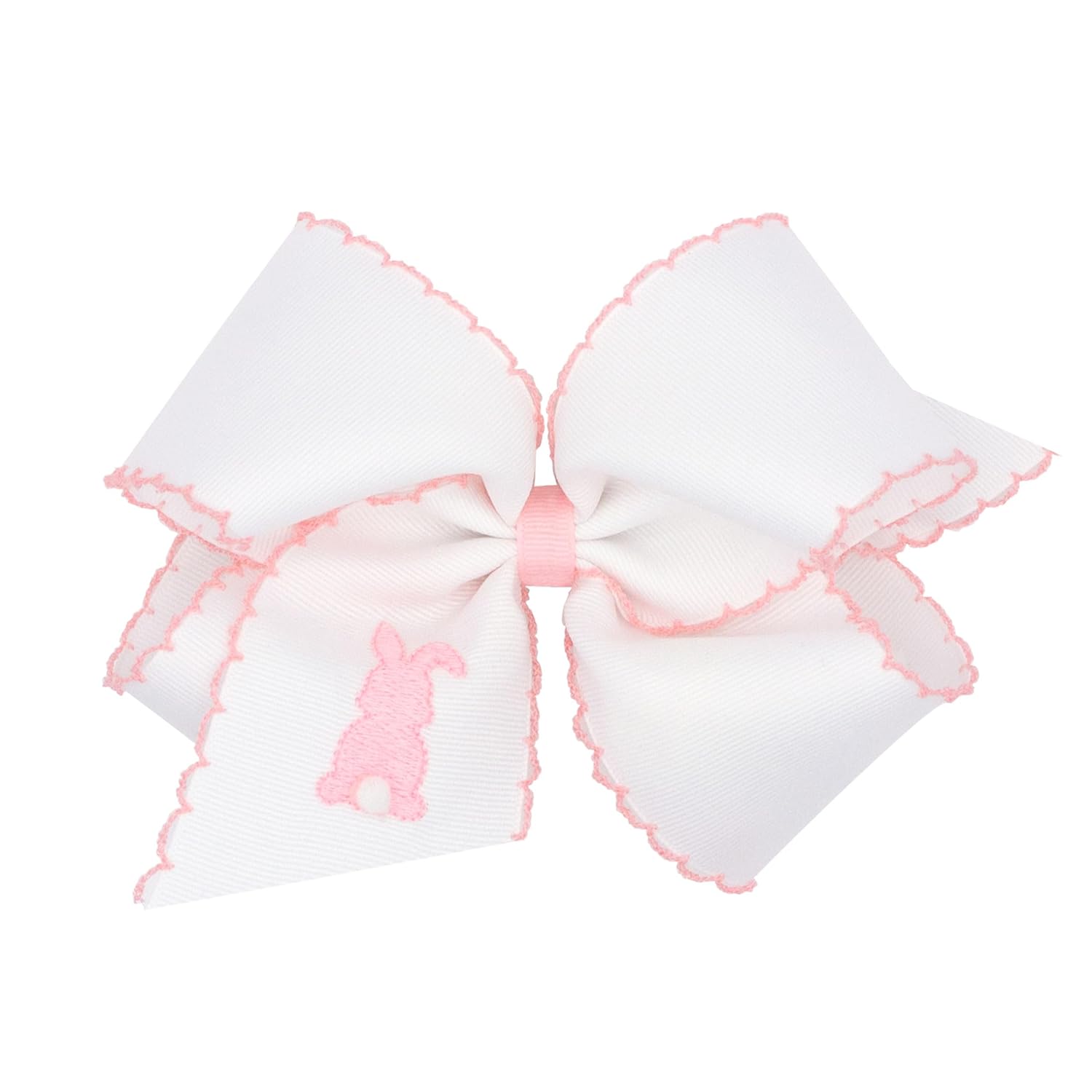 Wee Ones Girls' Easter Embellished Grosgrain Bow with Moonstitch Edge on a WeeStay clip, Handmade, King, Puff Tail Bunny Embroidery