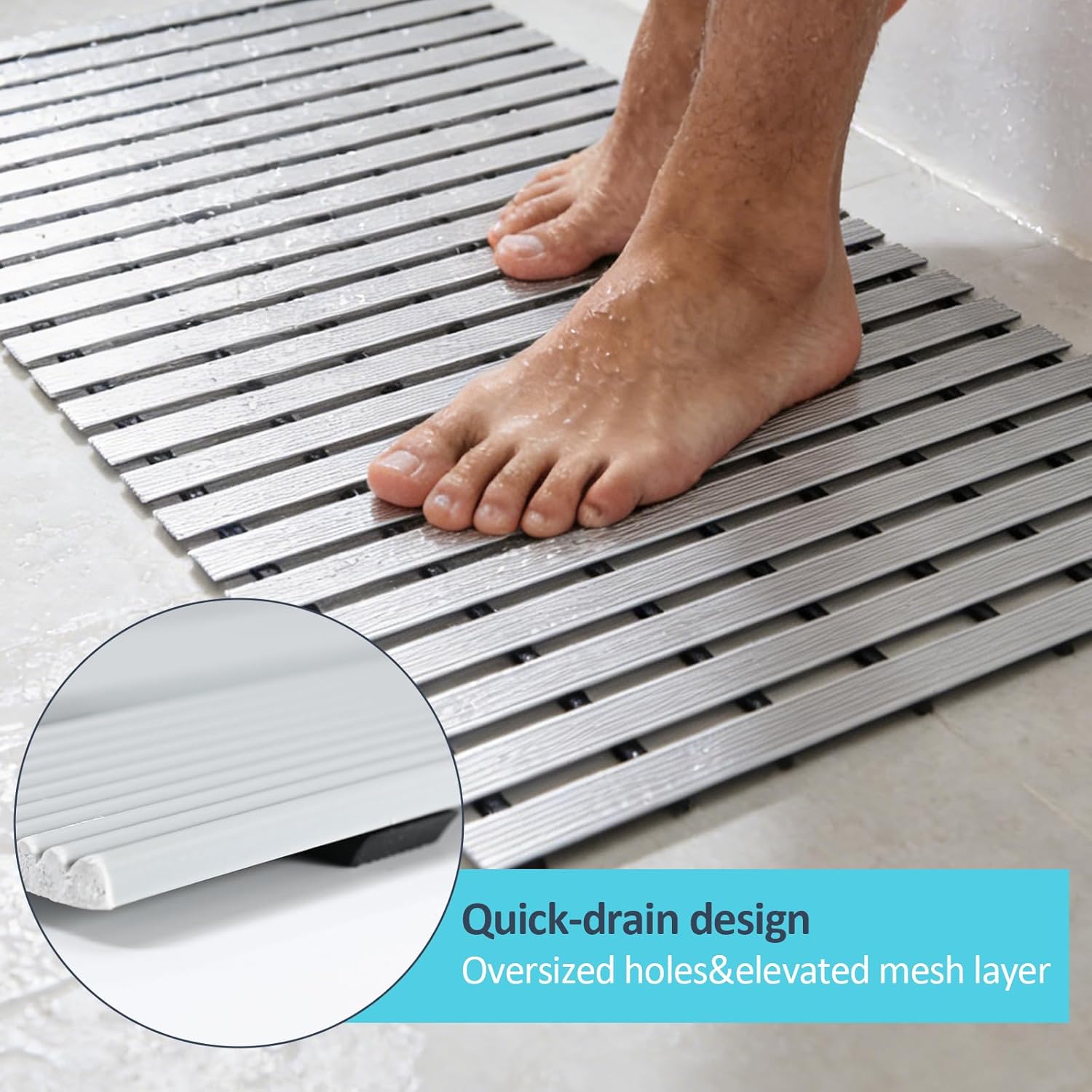 Grey Weighted Non Slip Bathtub Mat Without Suction Cups,Textured TPE Bath Mat for Textured Tub & Shower Surfaces,Doesn't Float, Works on Tile and Stone(33.5”x 17”)