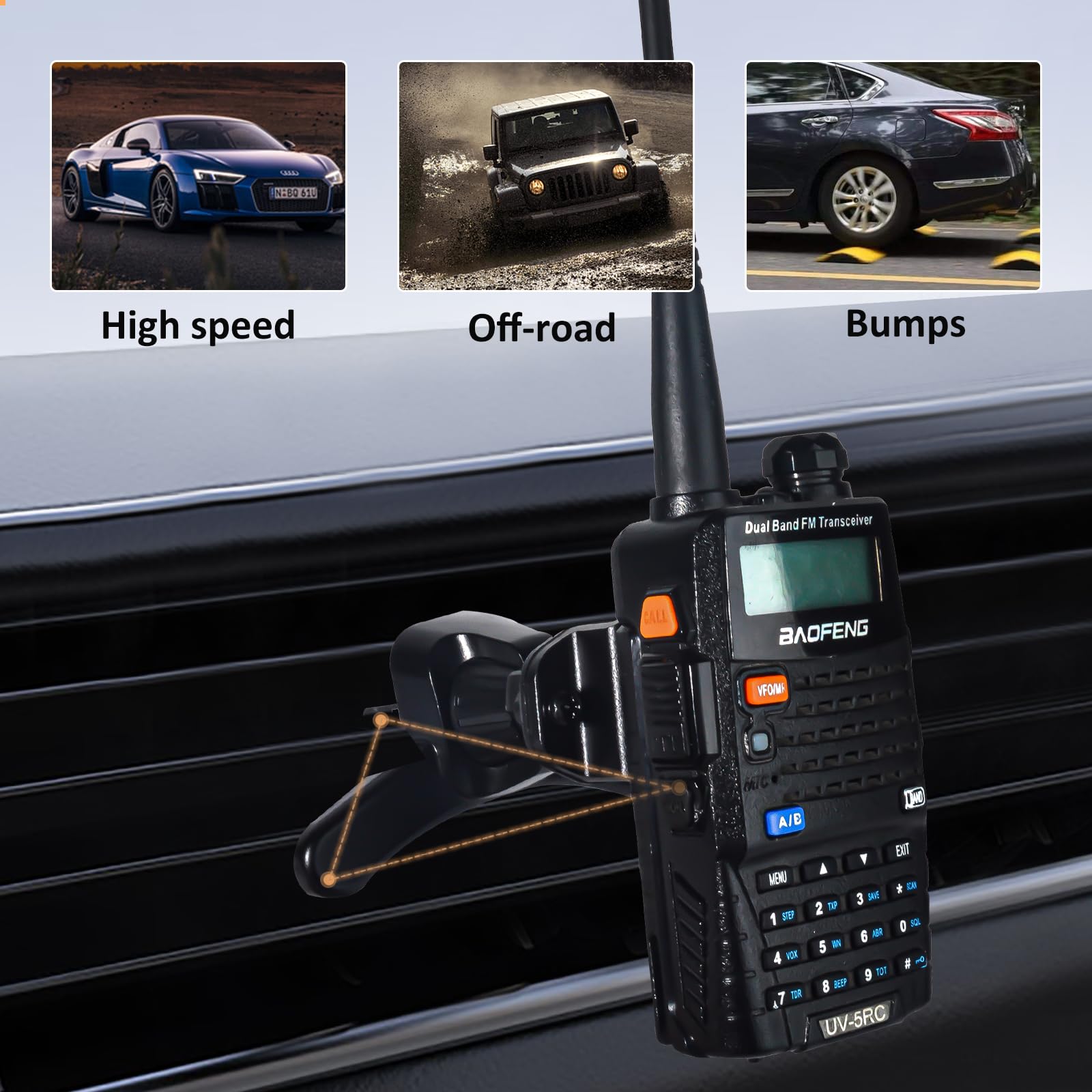 UAYESOK Staffa di ventilazione per apparecchiature radio, supporto girevole per auto con doppio supporto e clip universale, compatibile con Motorola Kenwood Baofeng Icom Midland Yaesu Walkie Talkie