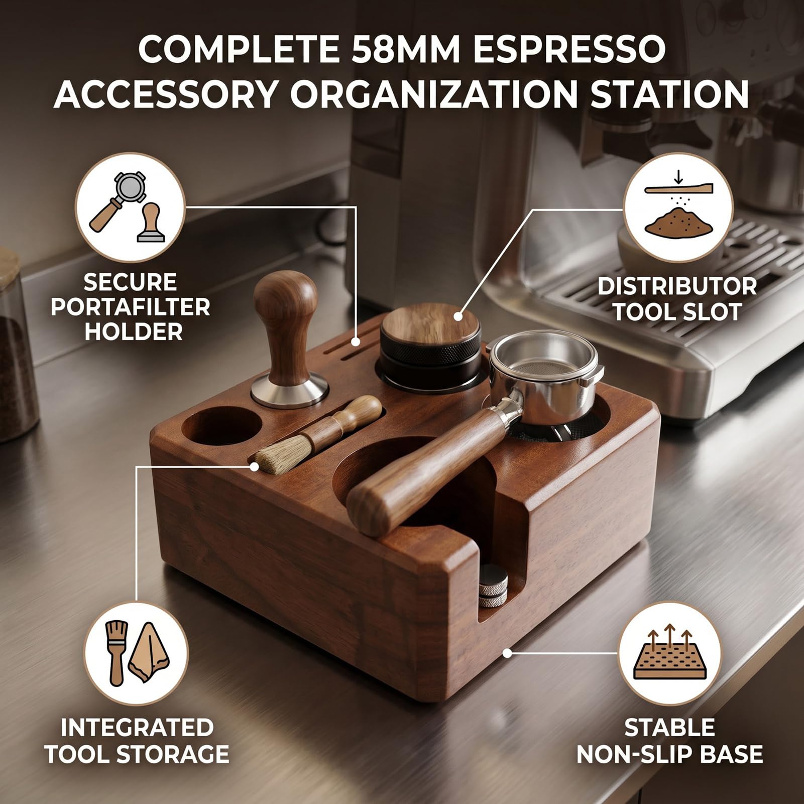 Haofy 58 Mm Tamper-Station, Kaffeezubehör-Organizer, Tamper-Verteiler, Siebträgerhalter, Multi-Zubehör-Aufbewahrung, Walnussholz für Siebträger, 17,8 X 17,8 X 7,6 Cm