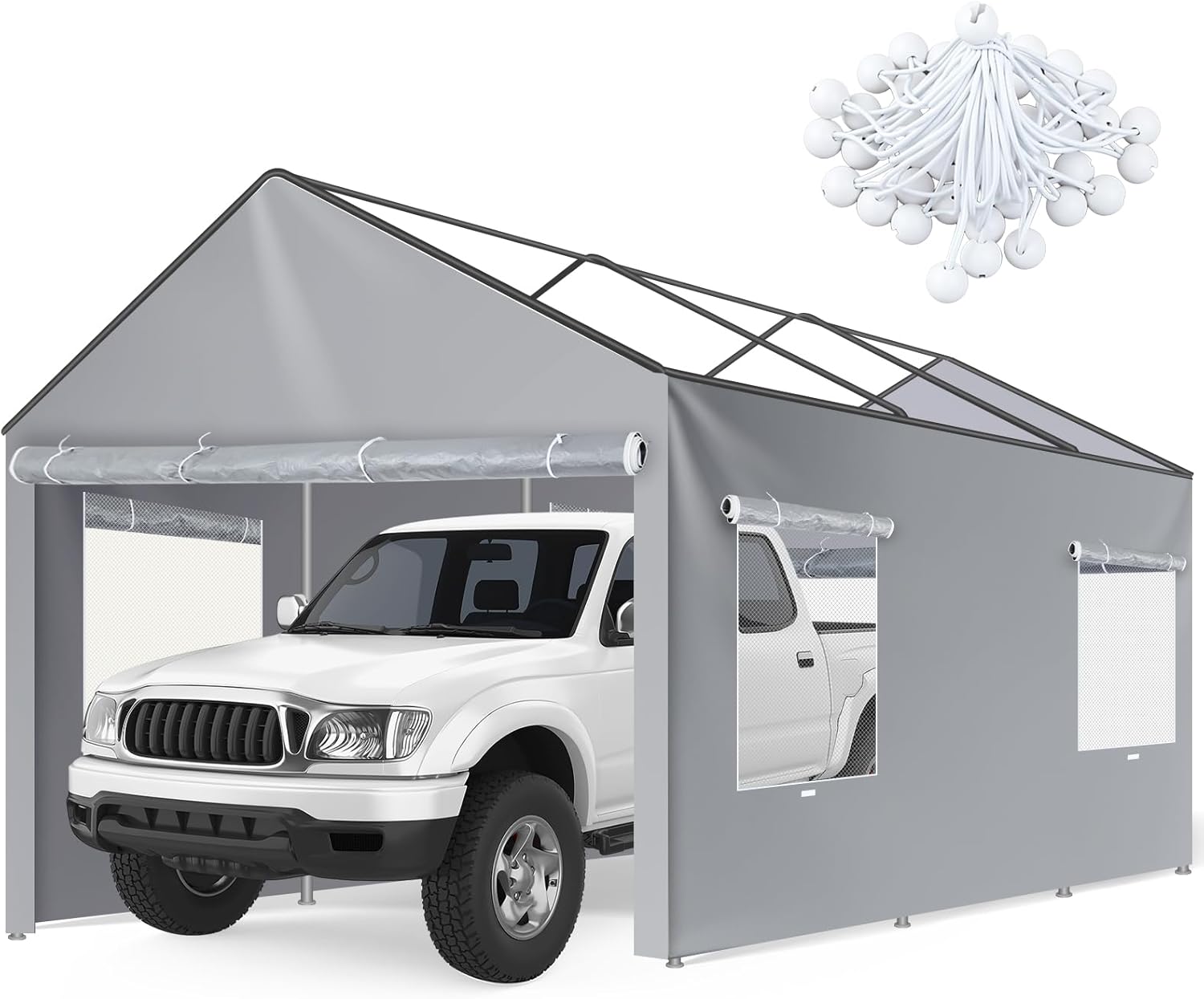 10x20ft Canopy Sidewalls Only Carport Frame Replacement Sidewall Cover with Roll-up Windows Doors, UV Resistant Waterproof All-Season Tarp with 40 Straps Ideal for Garage Storage, Gray
