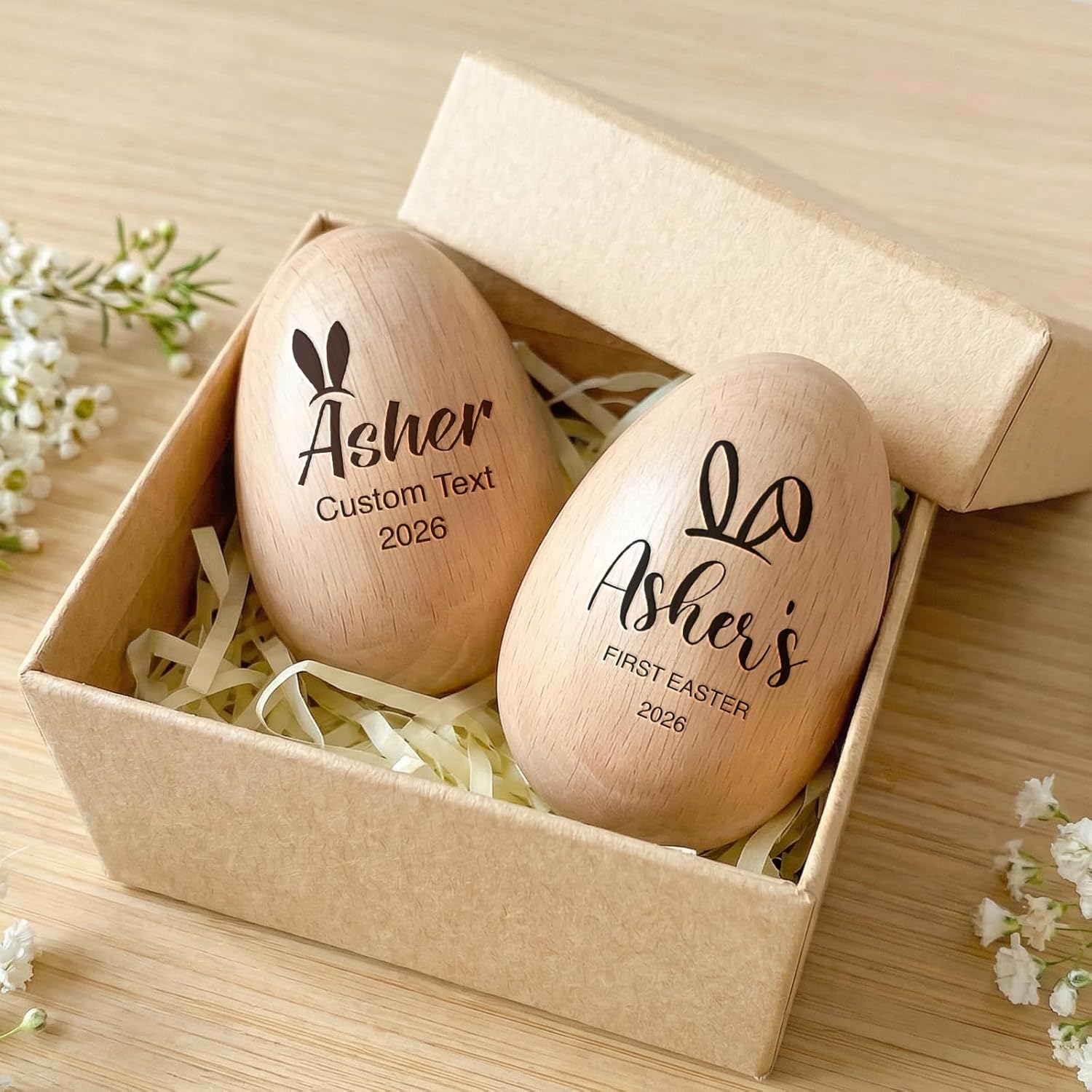 Custom Musical Easter Egg Shaker with Engraved Name, First Easter Gifts for Baby 2026, Wooden Easter Egg Basket Stuffers for Kids, Fake Eggs for Egg Hunt Prize Decor Party Baptism Gift