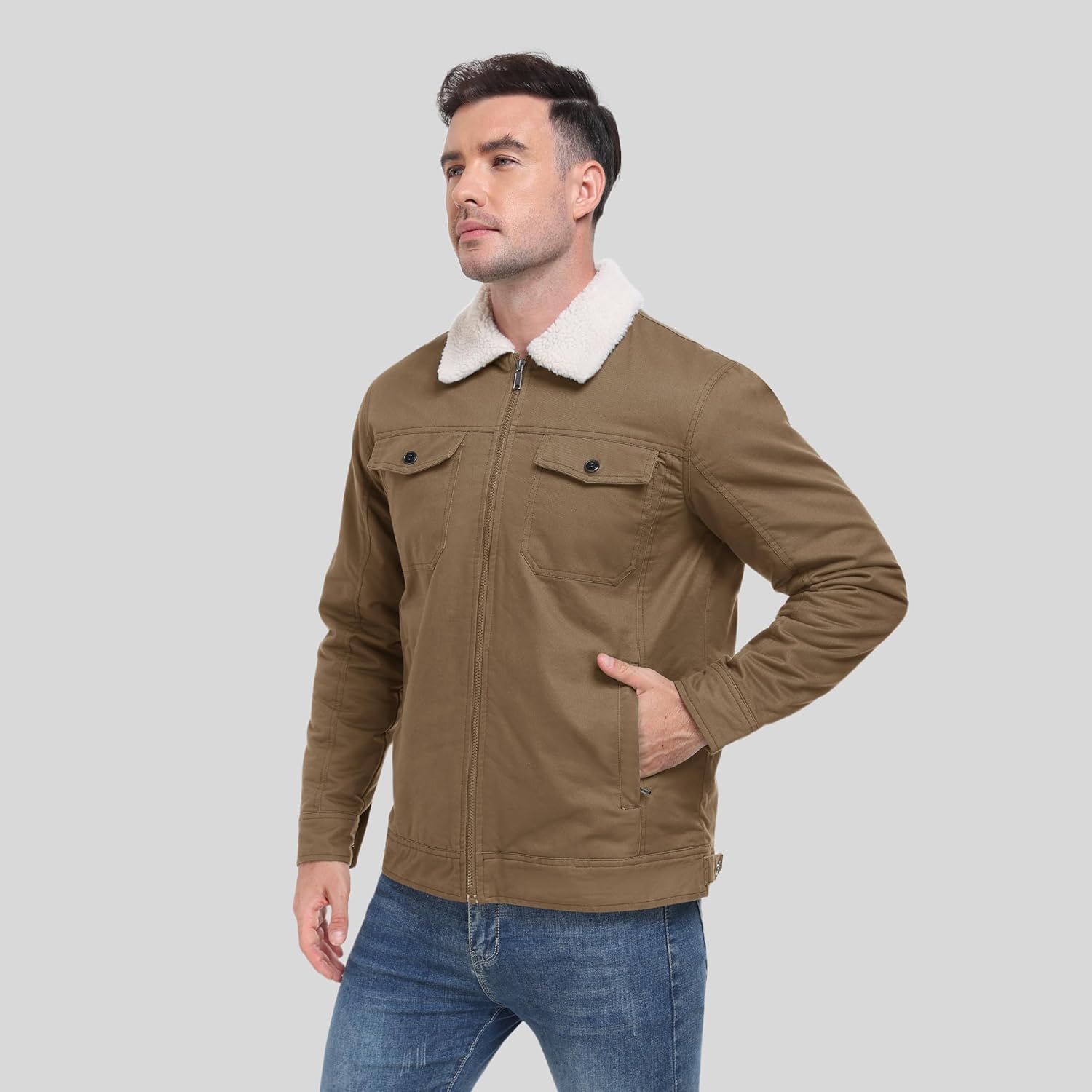 MoFiz Men's Sherpa Lined Cotton Cargo Jacket Turn-down Collar Work Jacket for Men Zip Up Mens Winter Coat with Multi Pockets - Image 8