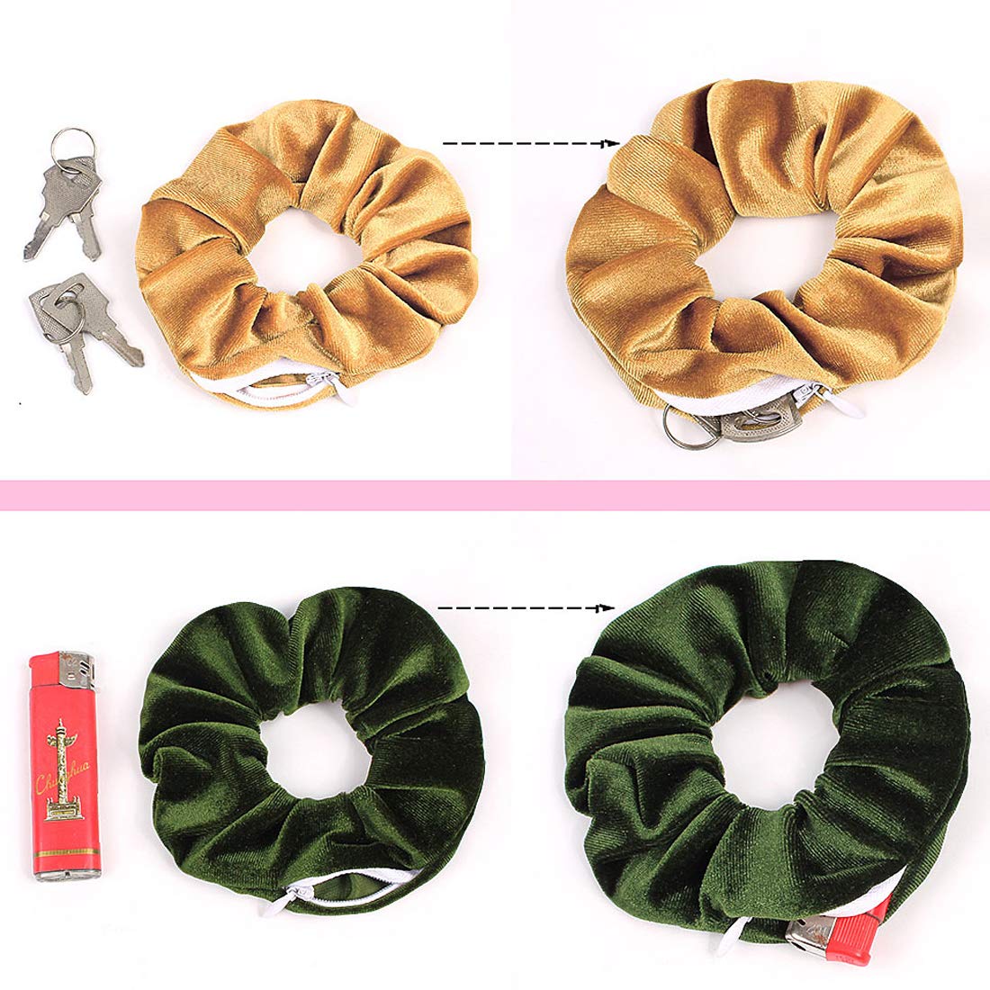 Confezione da 3 elastici per capelli in velluto, per ragazze e donne, con tasca con cerniera, accessori, piccoli oggetti, chiavi, soldi, colore blu navy, marrone chiaro, nero Confezione da 3 elastici per capelli in velluto, per ragazze e donne, con tasca con cerniera, accessori, piccoli oggetti, chiavi, soldi, colore blu navy, marrone chiaro, nero