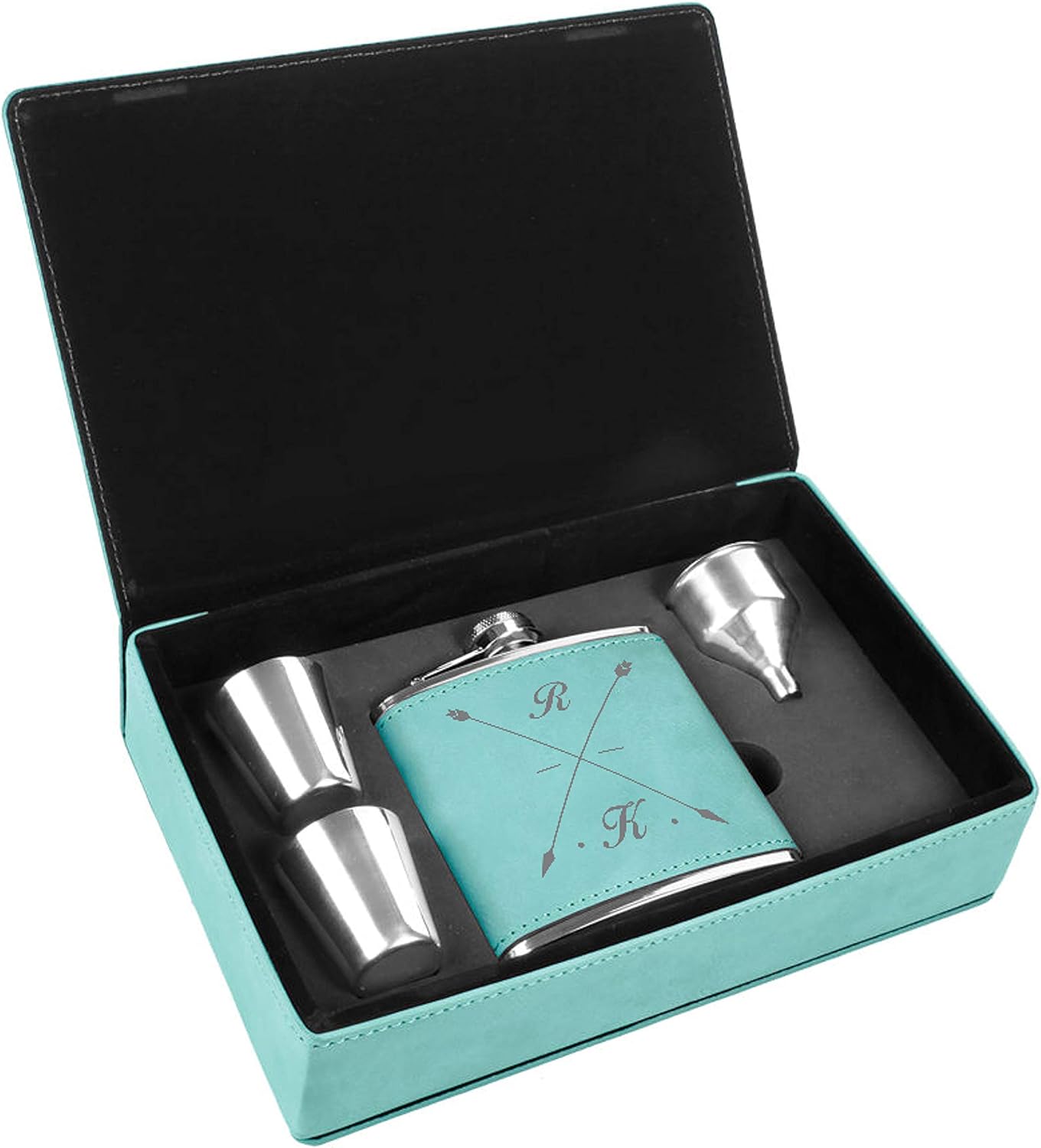 Personalized Leatherette Flask Gift Set | Crosshair Custom Engraved (Teal)
