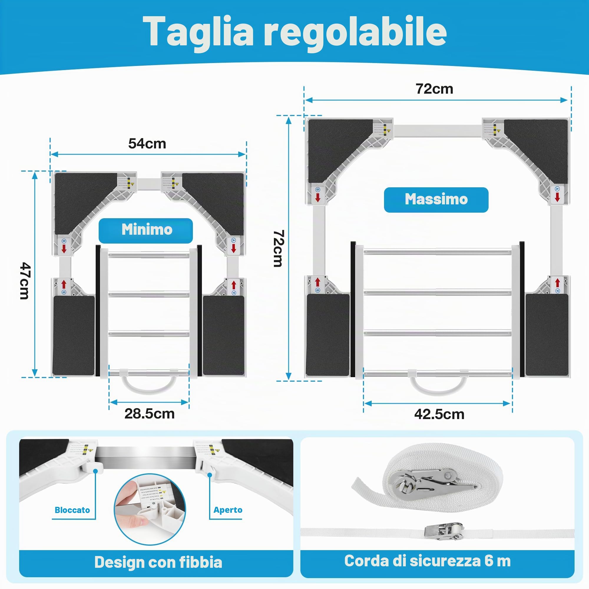 Kit di Sovrapposizione Lavatrice Asciugatrice, Kit di Accatastamento per Lavatrici e Asciugatrici 46-72 cm, Telaio Intermedio Universale con Ripiano e Corda di Sicurezza da 6 m