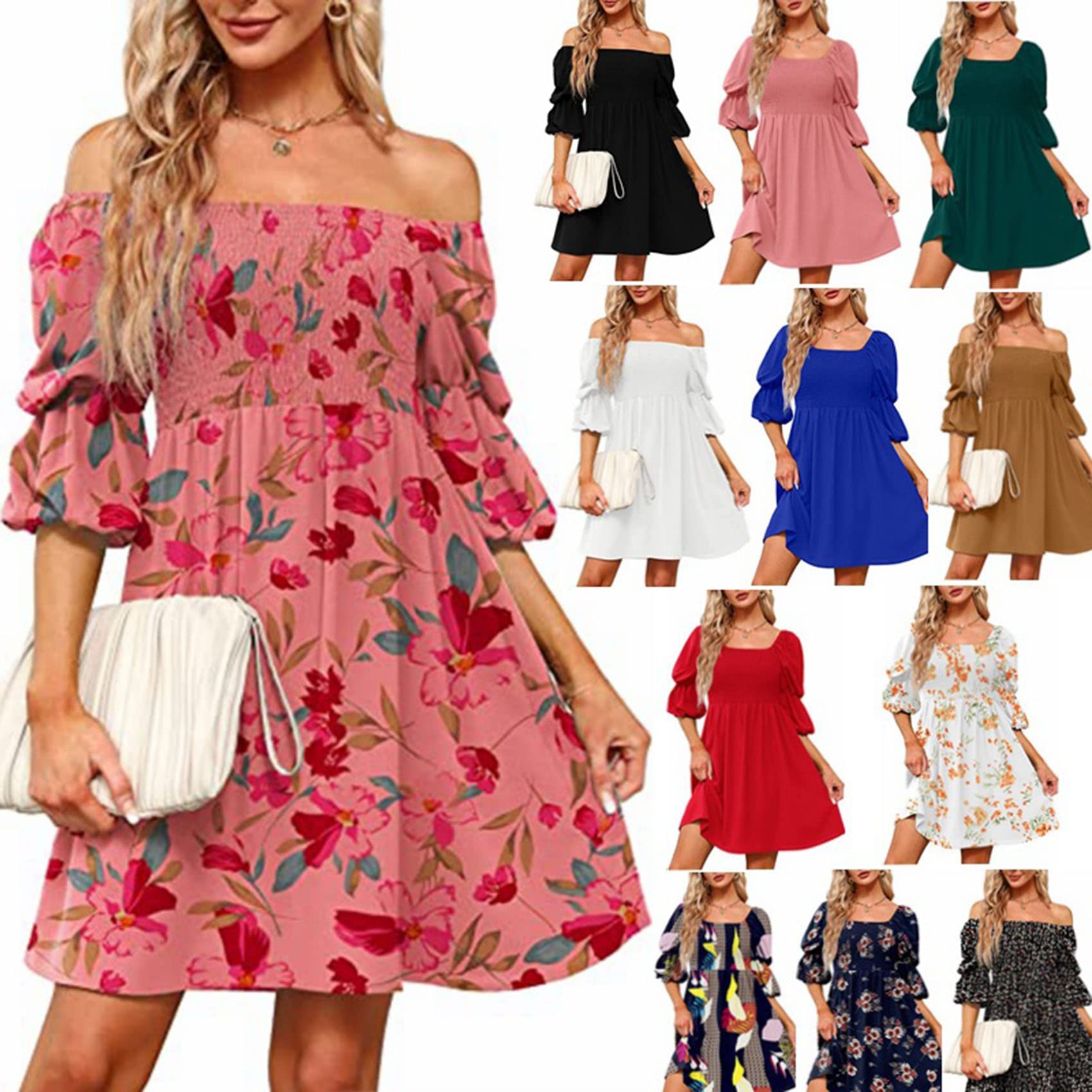LAZIRO Donna Estate Collo Quadrato Bolla Manica Plissettata Backless Manica Corta Vita Elastica Dolce Vestito Fresco Donne