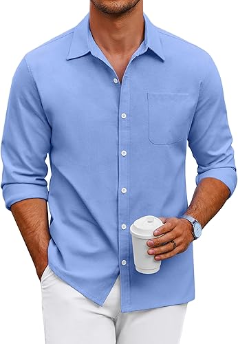 Miniatura 46 de COOFANDY Camisa Oxford de manga larga con botones para hombre, camisas de vestir de ajuste regular
