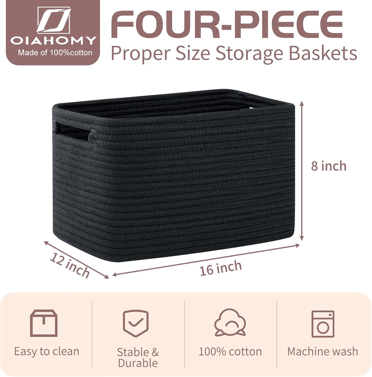 oiahomy 4 pack storage baskets for organizing, cube storage bins for shelves, rectangle storage baskets with handles, woven baskets for storage, 16''lx12''wx8''h, black black 16x12x8inch