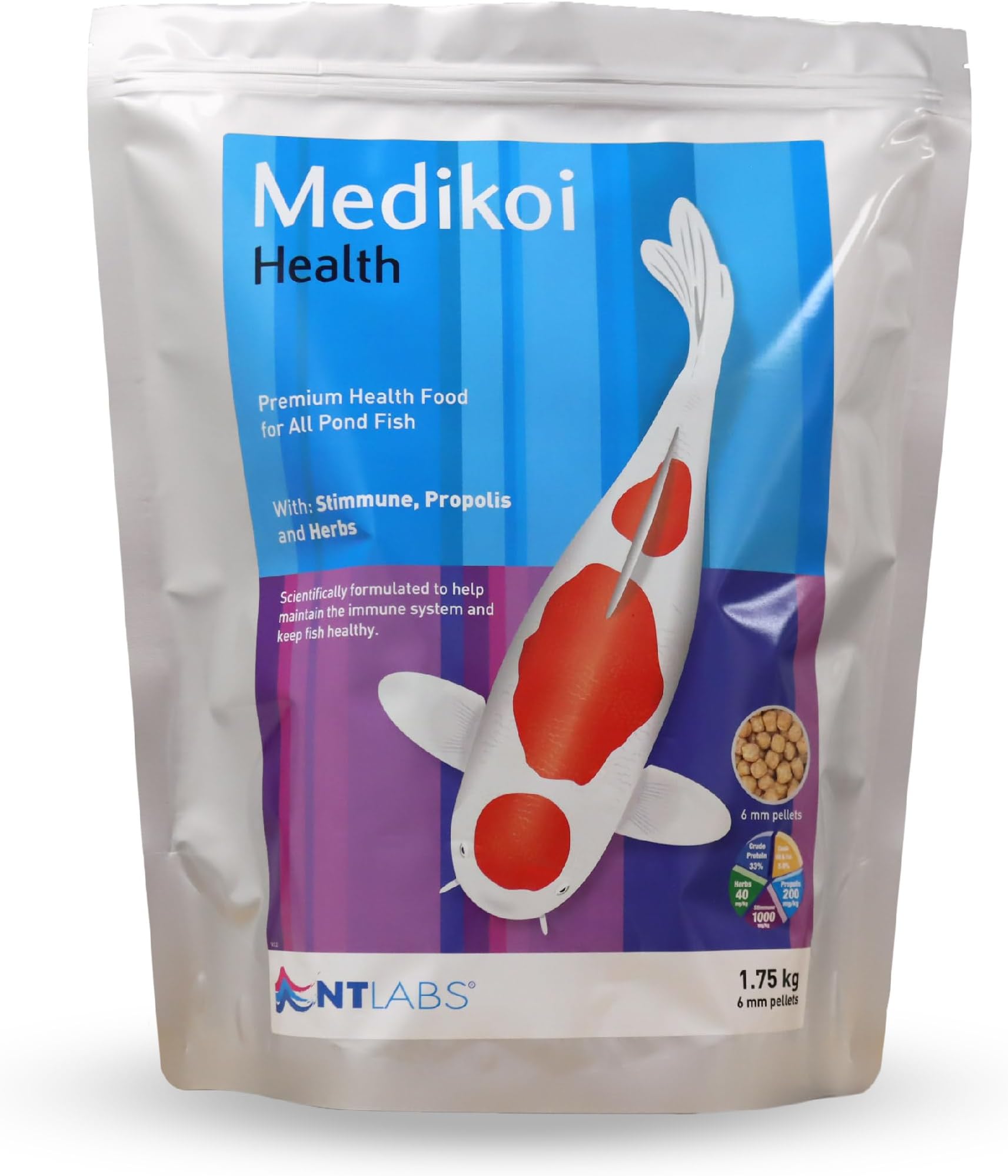 NT Labs Medikoi Health, Complete Feed For All Pond Fish, Ideal For Spring, Summer and Autumn Feeding, Contains Propolis, Maintains Immune System, Koi Fish Food (1.75 kg) (6 mm) (Standard)