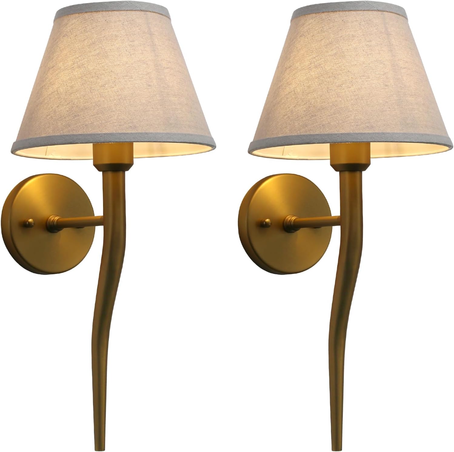 Yosoan Boho Linen Fabric Staircase Wall Sconce Set of 2, Brass Gold Vintage Vanity Industrial Aged Beige Retro Indoor Wall Mounted Hardwired Funnel Cloth Textile Shade for Bedroom Living Room(Antique)