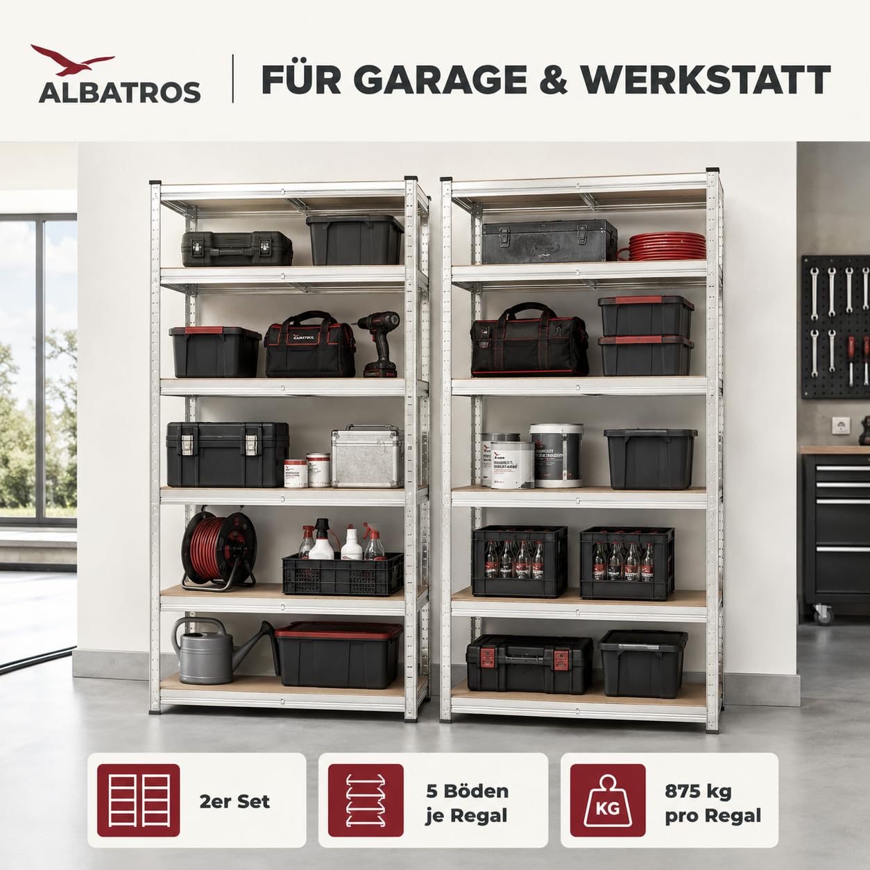 ALBATROS SR2S Lot de 2 étagères pour charges lourdes - 180 x 90 x 40 cm - 875 kg - 5 étagères