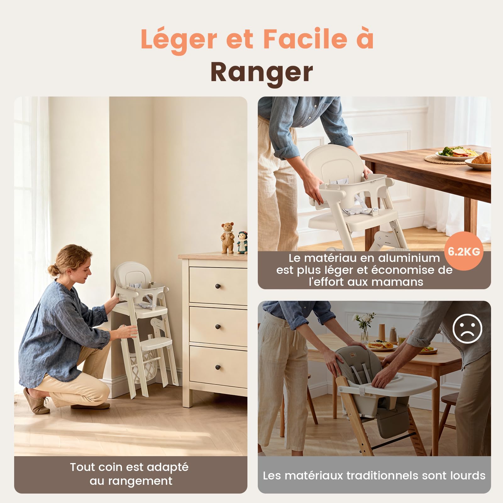 Chaise Haute Bébé Évolutive - de 6 Mois Jusqu'à 90 kg -Chaises Hautes Pliée avec Assise/Repose Pieds Réglables, Amovible Plateau et Coussin/Harnais 5 Points-Conforme à L'ergonomie (Beige)