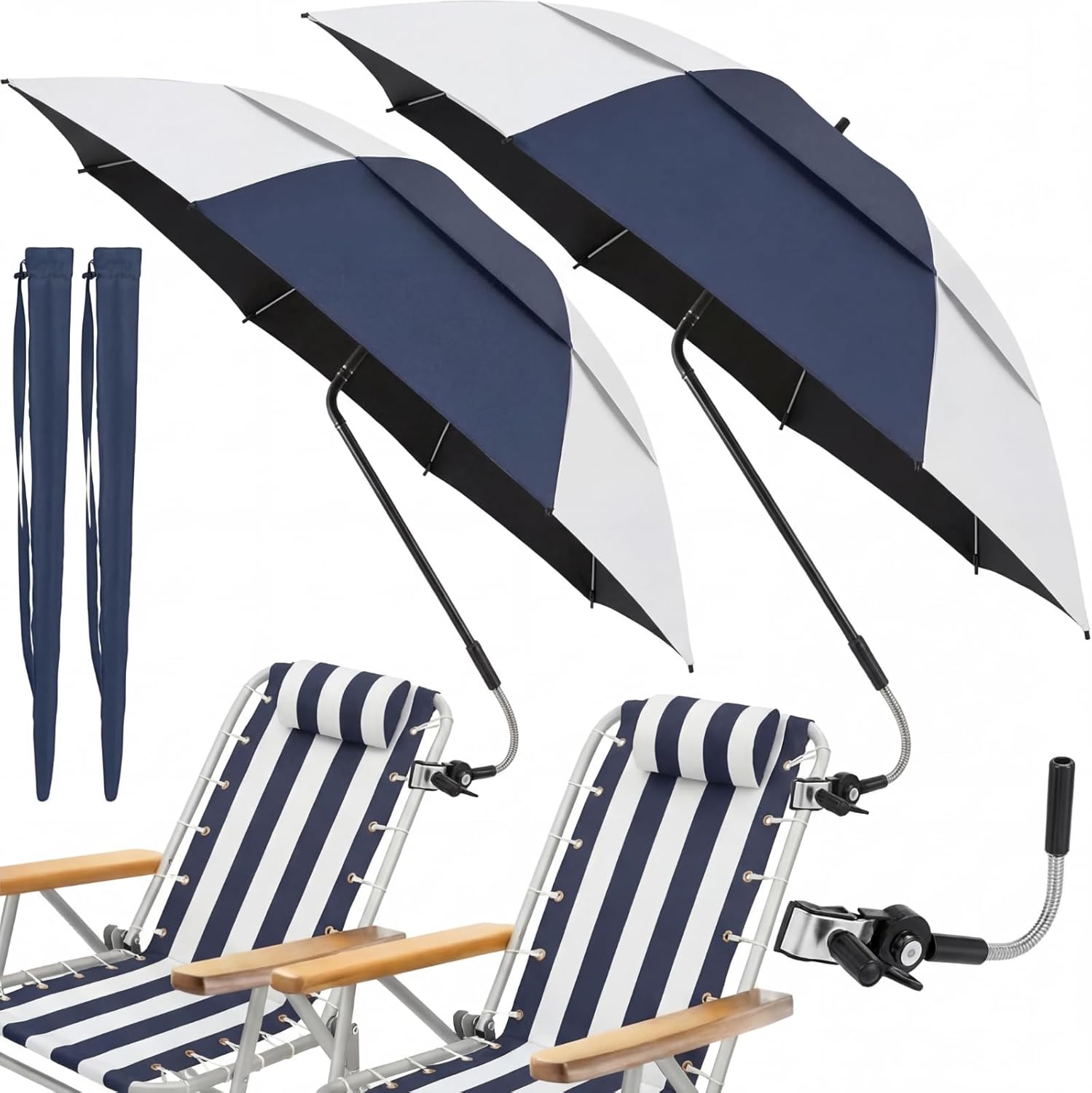 Abbylike 2 Pack 48.6" Double Canopy Umbrella with Clamp UPF50+ Beach Chair Umbrella with Clip 360°adjustable Portable Outdoor Wheelchair Patio Golf Carts Camping
