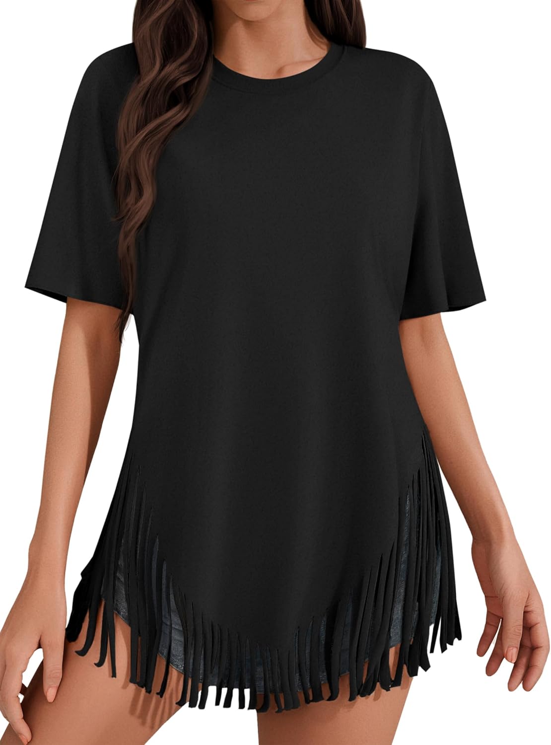 Remidoo Womens Fringe Top Oversized T Shirt Round Neck Short Sleeve Tee Shirts - Image 3