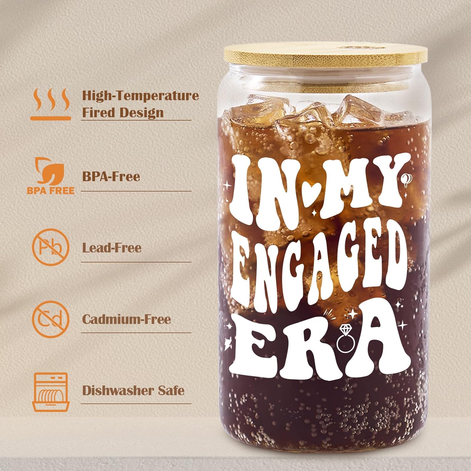 Cool Engagement Gifts for Women - Fiance Gift for Women, Future Mrs, Bride to Be Present, 16oz In My Engaged Era Iced Coffee Cup Can Glass with Lid & Straw & Gift Card - Image 4