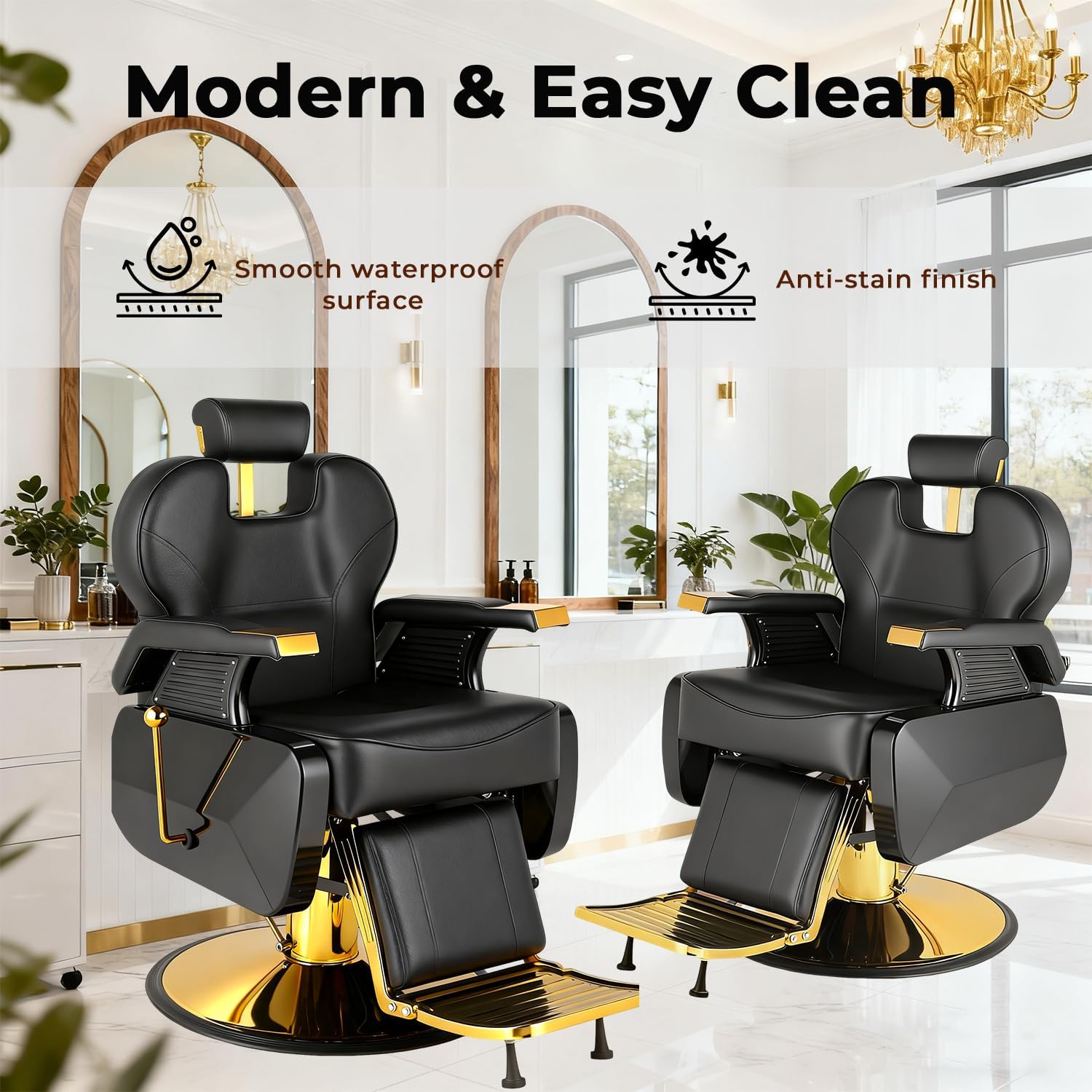 Black and Gold Barber Chair, Heavy Duty Hydraulic Reclining Barber Chair for Barbershop w/ Adjustable Headrest & Footrest, 360° Swivel Studry Frame barber Chair for home, Spa, Tattoo, Beauty Salon