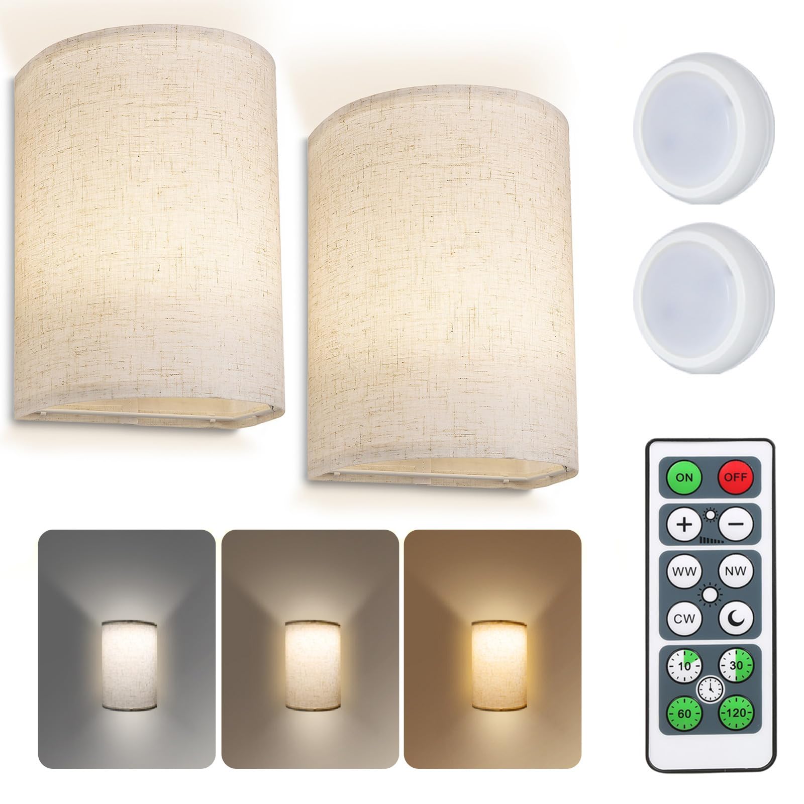 Apliques de Pared Recargables para Interiores Con Pilas - 3 Colores, Regulables Con Control Remoto, Altura de Tela para Dormitorio, Sala de Estar, Pasillo