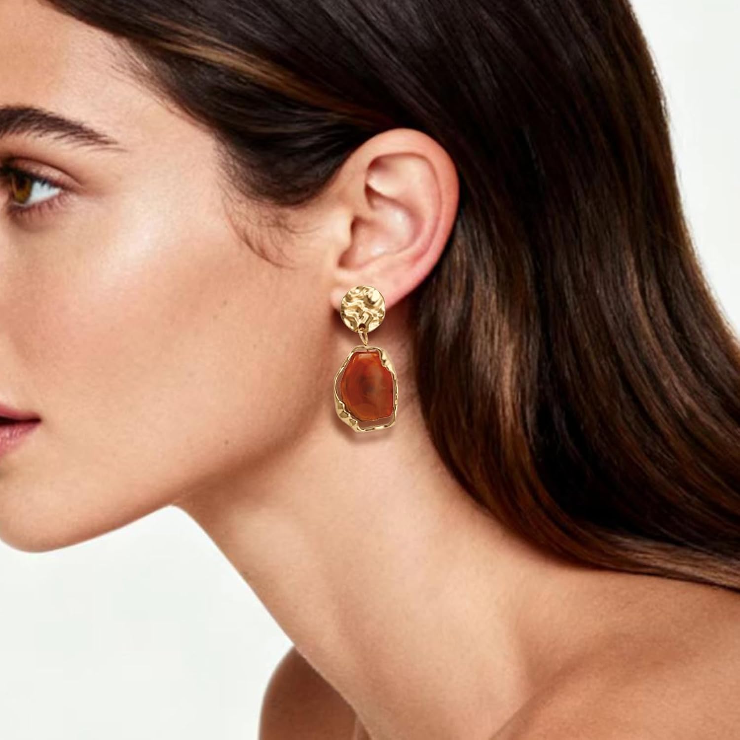 Dr's gift Brown Crystal 14K Gold Plated Statement Earrings for Women Drop Dangle Chunky 14K Gold Plated Earrings with Irregular Brown Stone Trendy Vintage Jewelry - Image 2