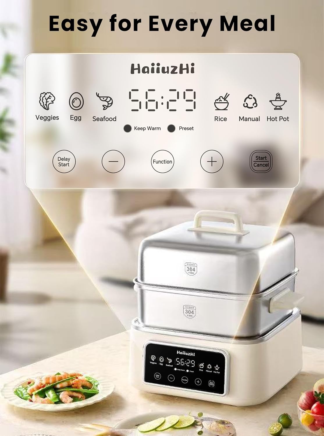 Electric Food Steamer 12.7 QT, Double-Tier 8-in-1 Vegetable & Meal Steamer, Stainless Steel, Timer & Keep Warm, Boil-Dry Protection, Healthy Cooking Kitchen Steamer - Image 4