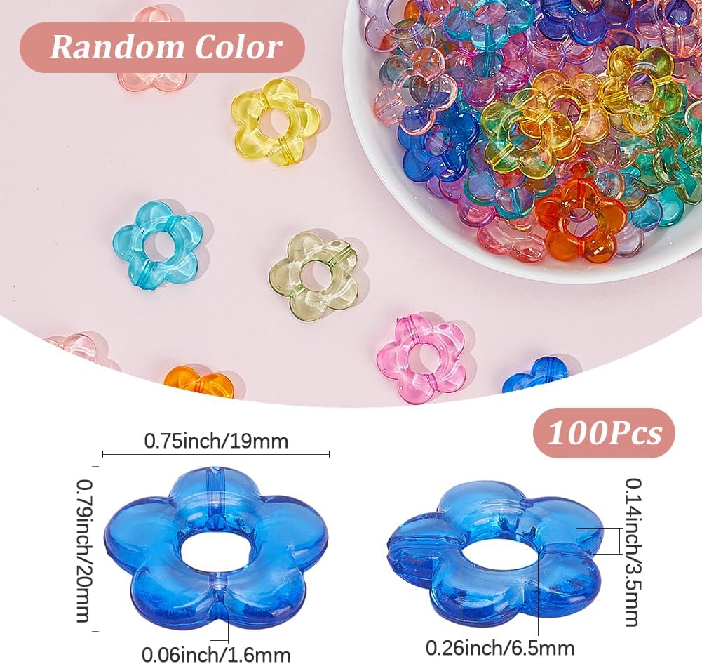 100Pcs Flower Bead Frame Transparent Acrylic Flower Beads Bulk Multicolor 2 Straight Holes Link Connector Loose Spacers for Bracelets Earrings Necklaces Keychains Jewelry Making Crafting - Image 2