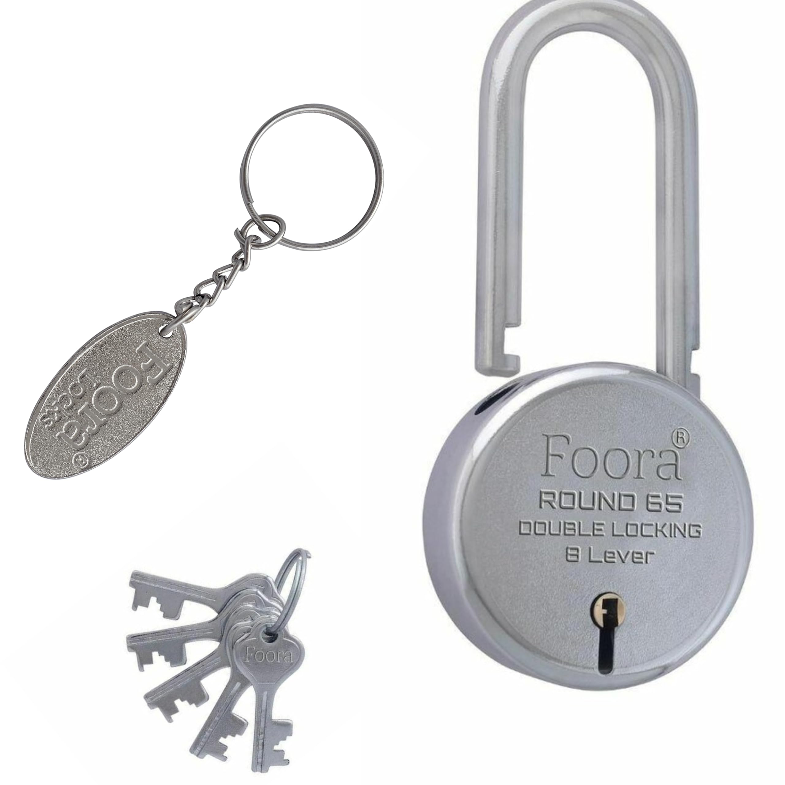 Foora 65mm Round Padlock with Long Shackle - 8 Lever, 5 Keys, and Keyring | Double Locking Mechanism for Home, Offices, Aparments, Main Doors, Gate, and Shutter-image-26