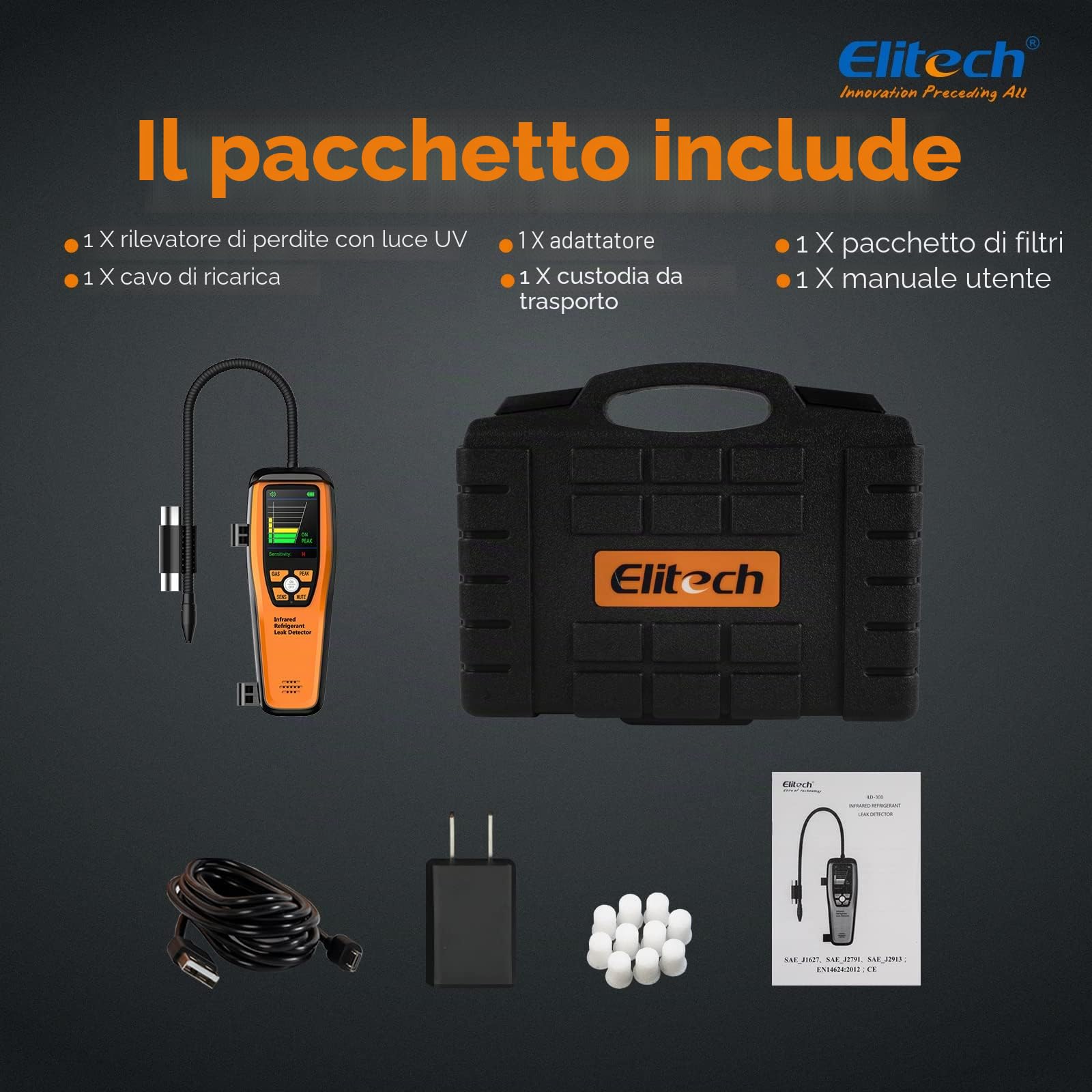 Elitech Rilevatore di Perdite di Refrigerante A Infrarossi ILD-300 Pro, R134a/R1234yf, Rilevatore di Perdite HVAC per Frigoriferi, Condizionatori, Industria Automobilistica, Pompe di Calore