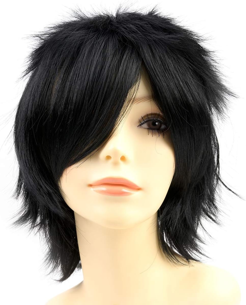 Yamel Anime Wig Dark Black for Cosplay Party Synthetic Layered Short Hair Wigs with Bangs, Pastel Wigs for Women Men Adult