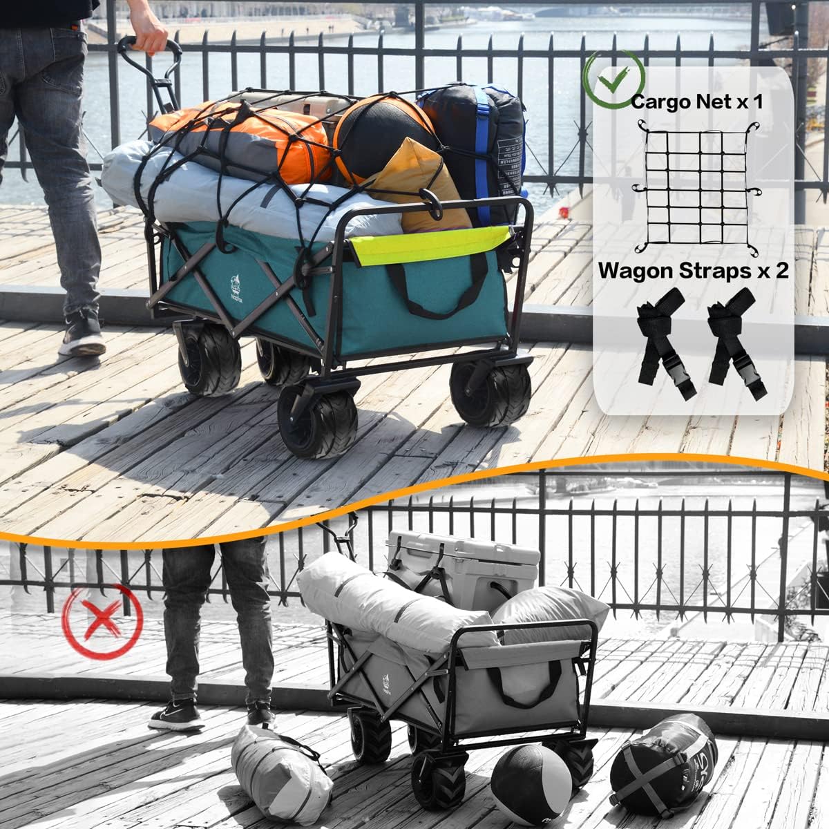 Collapsible Heavy Duty Beach Wagon Cart Outdoor Folding Utility Camping Garden Beach Cart with Universal Wheels Adjustable Handle Shopping (Green＆Blue)