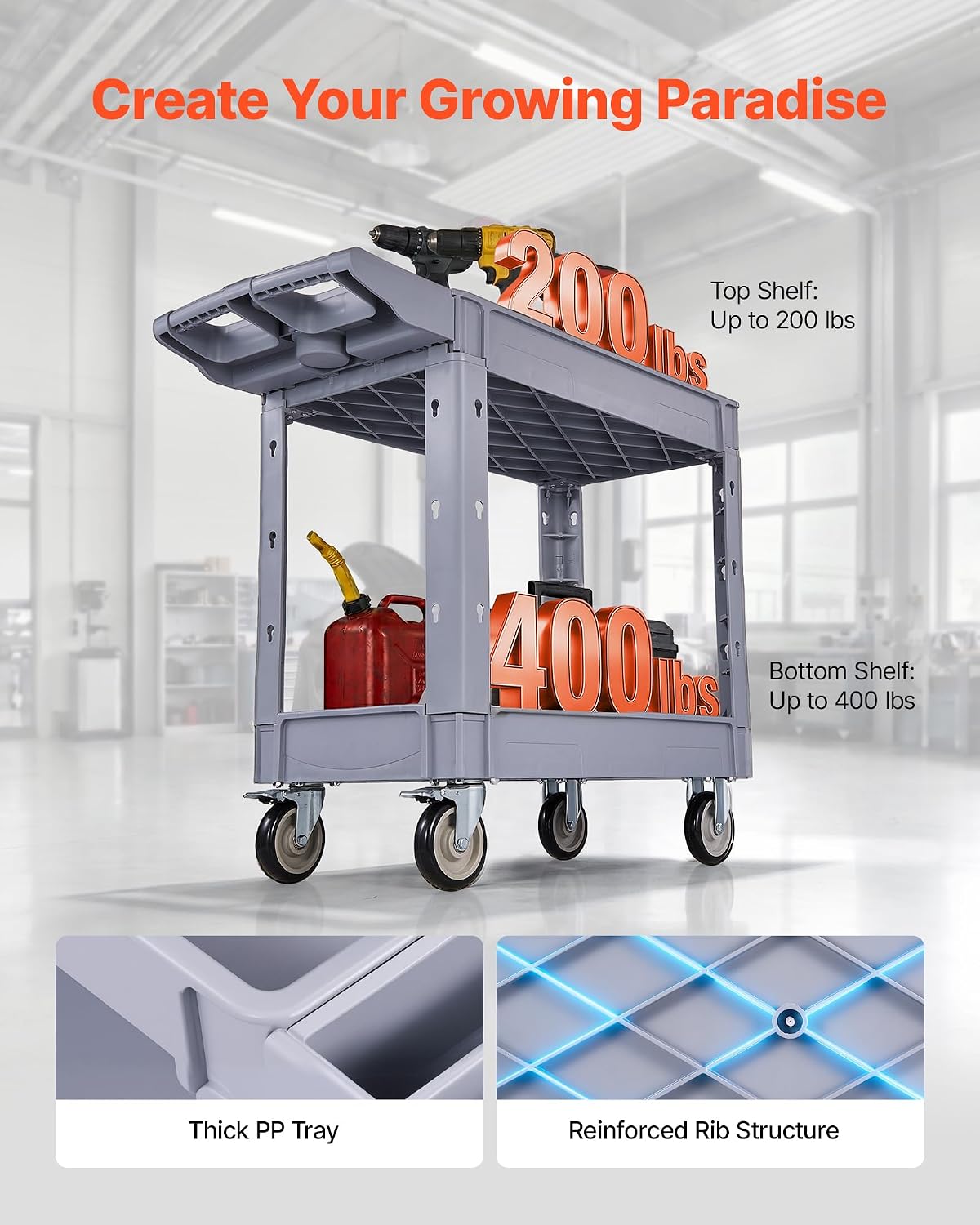 VEVOR Utility Cart, 550 lbs Capacity, 2 Tier Service Cart with 360° Swivel & Fixed Wheels (2 with Brakes), Heavy Duty Plastic Rolling with Storage Tray, Tool Storage for Garage Warehouse Workshop image 2