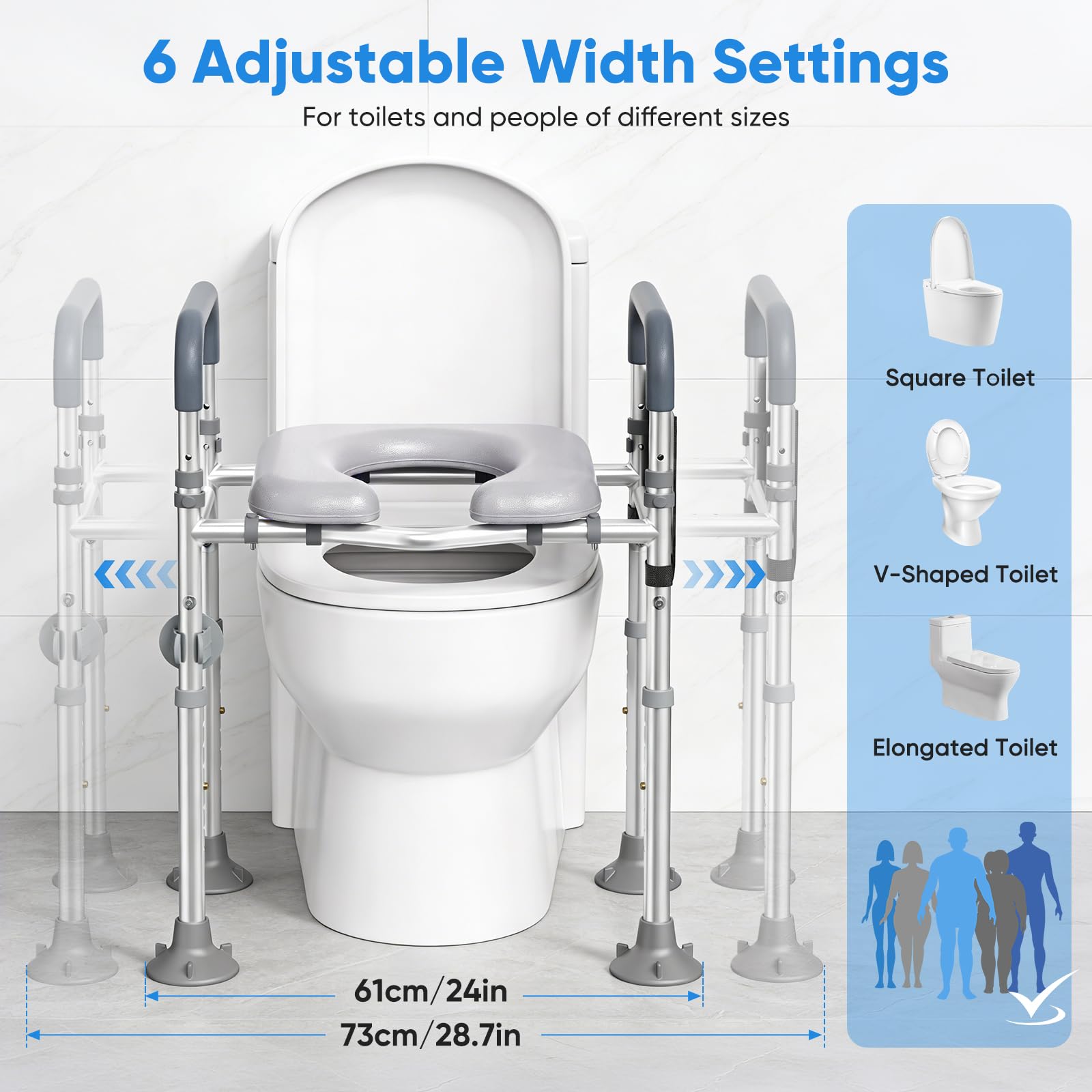 Rialzo WC per Anziani, Alzata per WC con Altezza e Larghezza Regolabili, Alza Water x Anziani con Braccioli per Anziani, Seduta Imbottita e Telaio in Alluminio, Adatto a Qualsiasi WC, Portata 150 kg