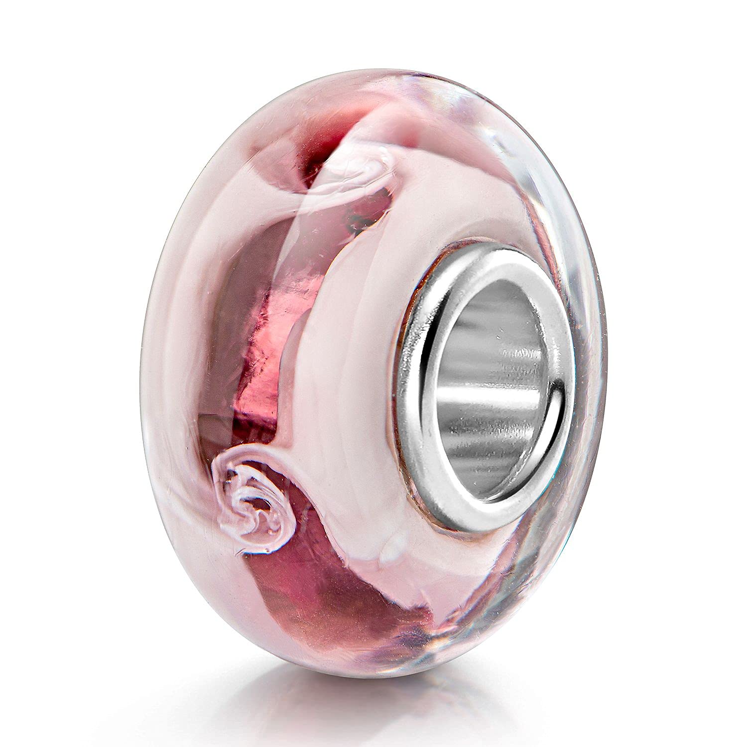 MATERIA by Matthias Wagner Perle en verre pailletée vieux rose blanc – Breloque tourbillon pour bracelet en argent 358, Argent s