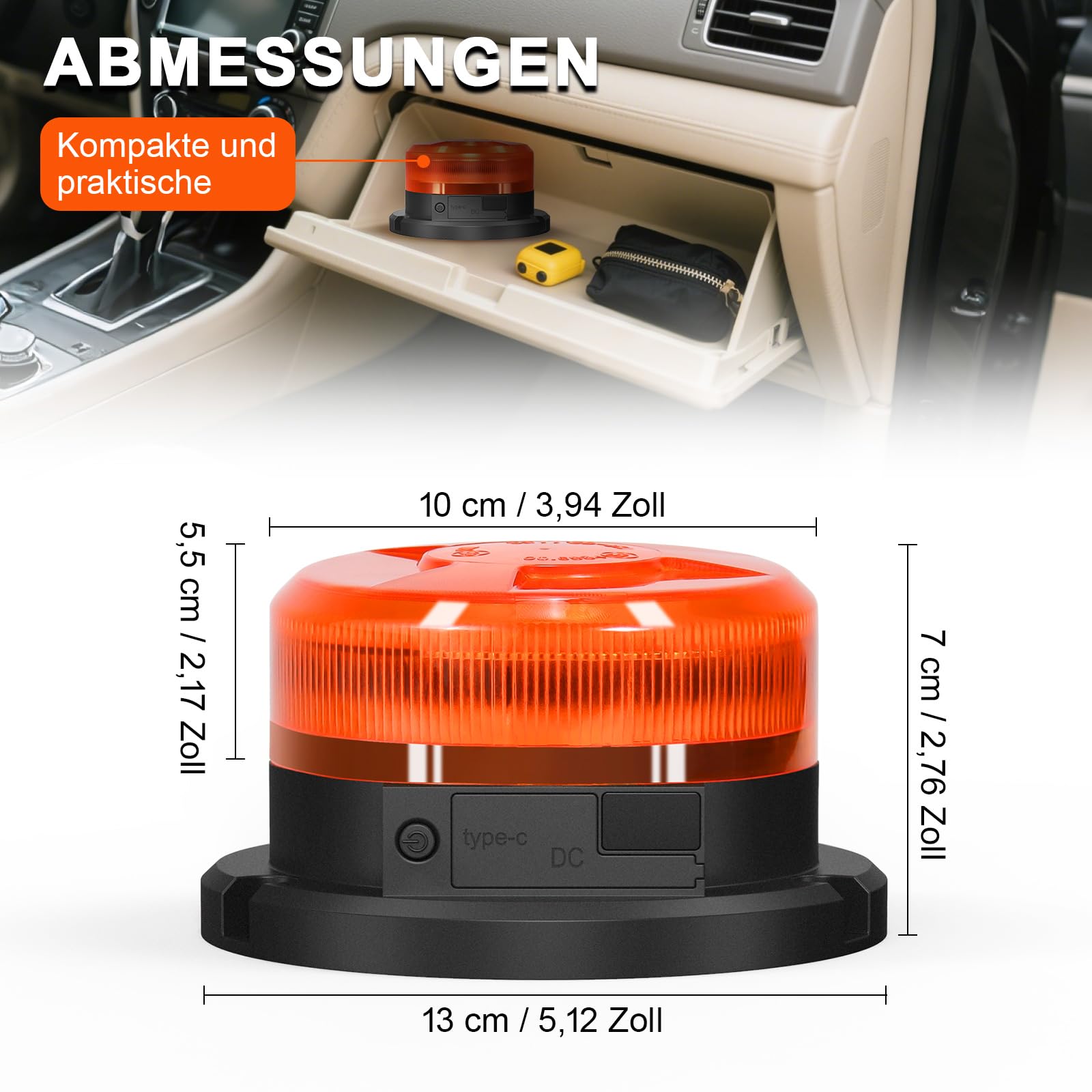 AnTom Rundumleuchte Akku mit Akkustandanzeige 9 Blitzmuster LED Rundumleuchte 12V Magnet Warnleuchte Gelb Autoladekabel und USB-Kabel für Auto Traktor SUV