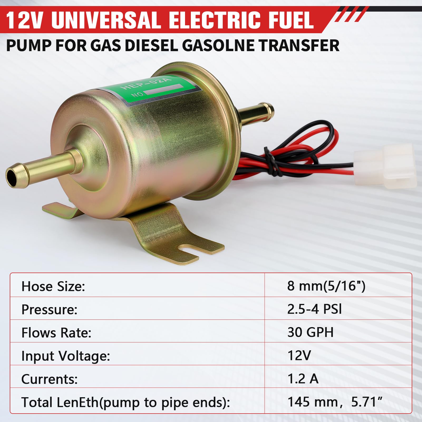 Pompa carburante elettrica universale da 12 V, pompa ad alta pressione per gas, diesel e benzina, pompa in linea a bassa pressione in metallo per benzina e diesel, pompa carburante HEP-02A Gold