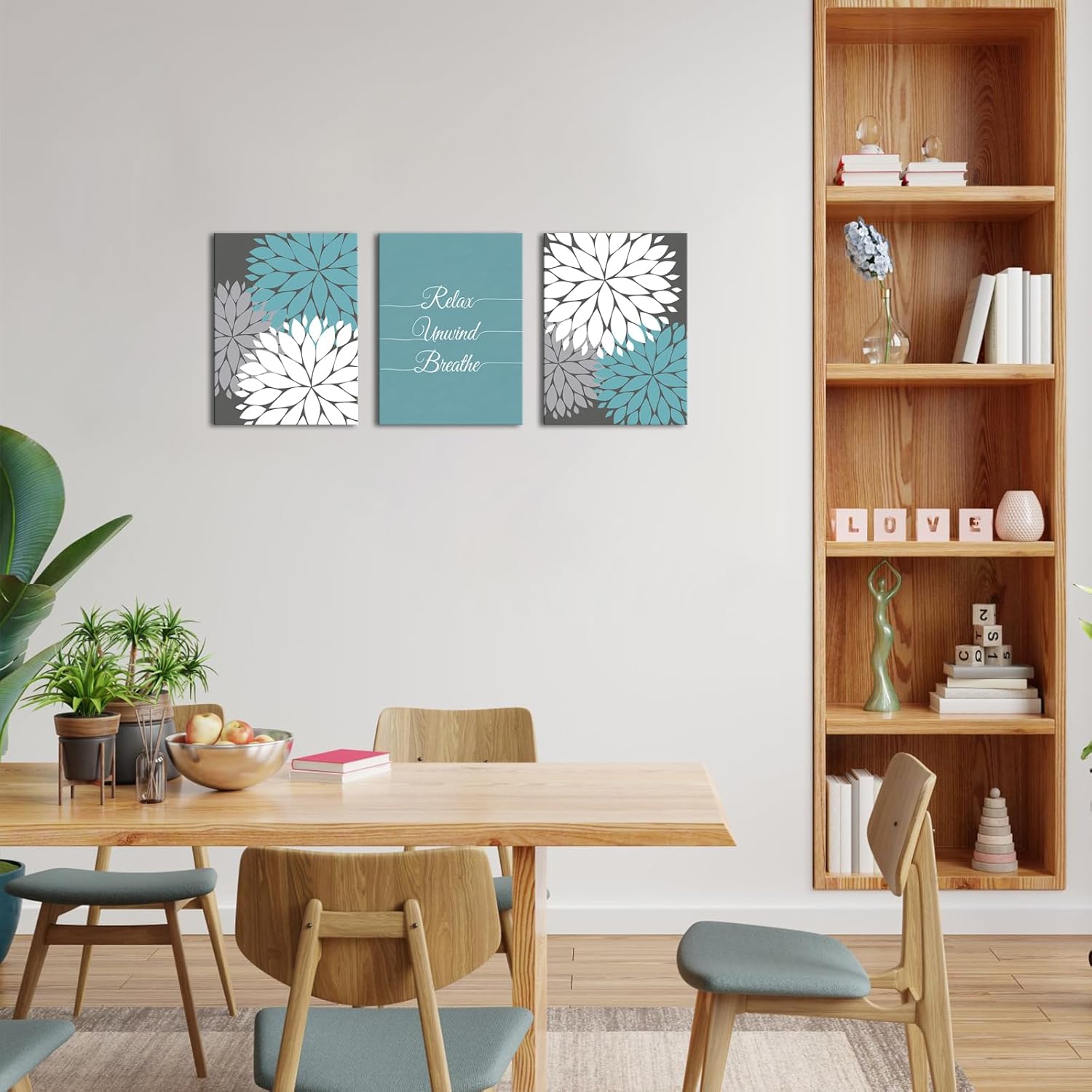 Zlove Blue and Grey Bathroom Wall Decor Dahlia Flower Painting Prints Relax Signs Artwork for Spa Yoga Room, 12"x16", 3Pcs