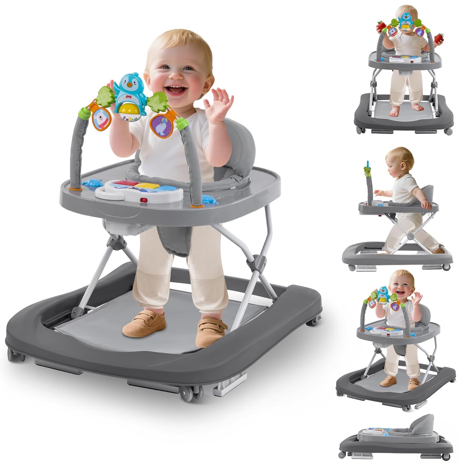 Baby Walker, Music & Removable Footrest with Toys, 3-Height Adjustable, Foldable 4-in-1 Activity Center for Infant and Toddler, Baby Walker for Baby Boy Girls 7–18 Months